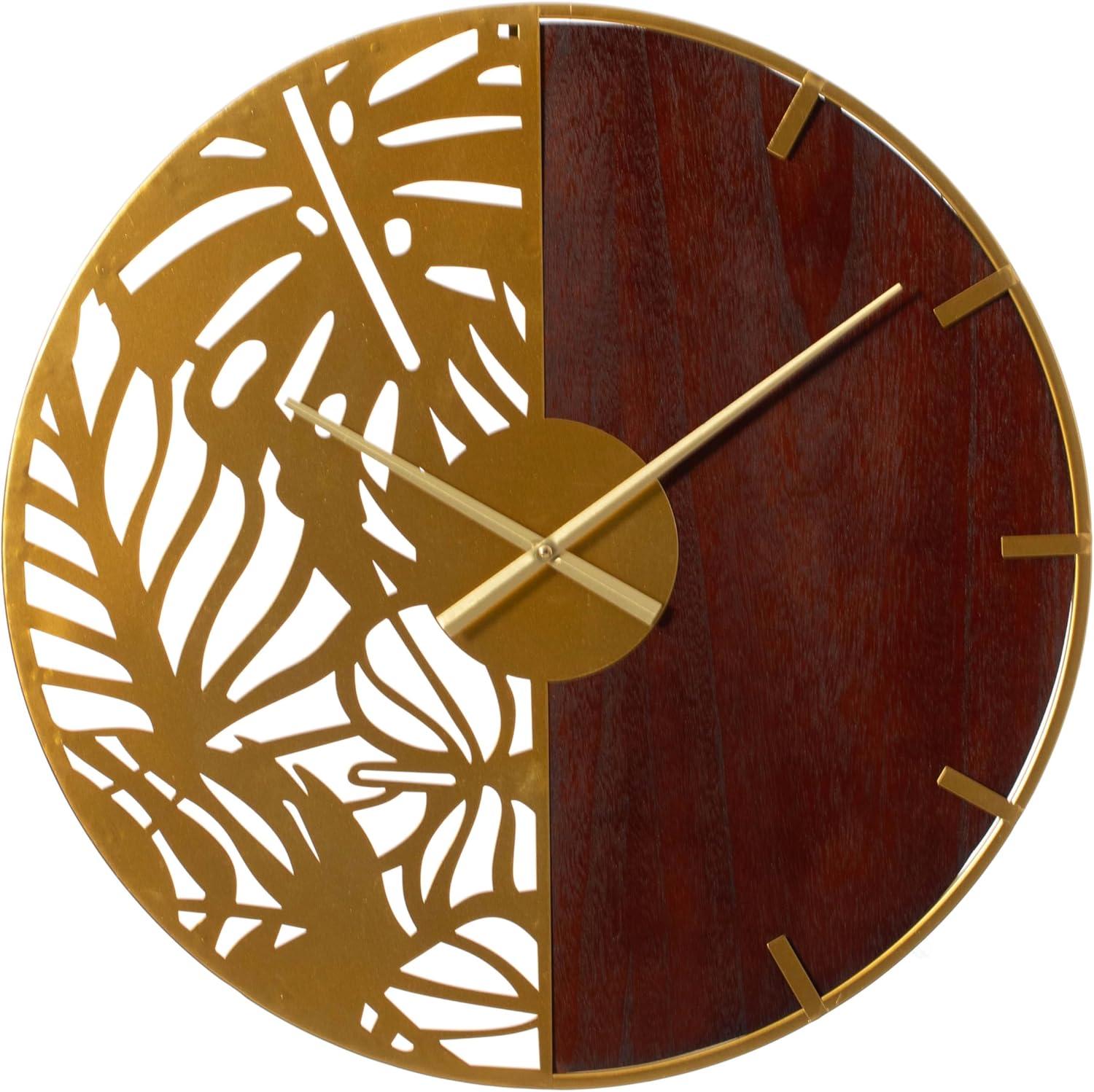 Clockswise 23.6” Round Big Wall Clock, brown wood and gold Metal with Leaf Cutout for Entryway Office Living Room or Kitchen, Hanging Supplies Include