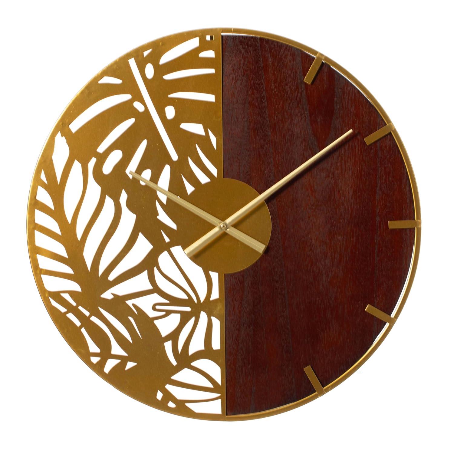 Clockswise 23.6” Round Big Wall Clock, brown wood and gold Metal with Leaf Cutout for Entryway Office Living Room or Kitchen, Hanging Supplies Include