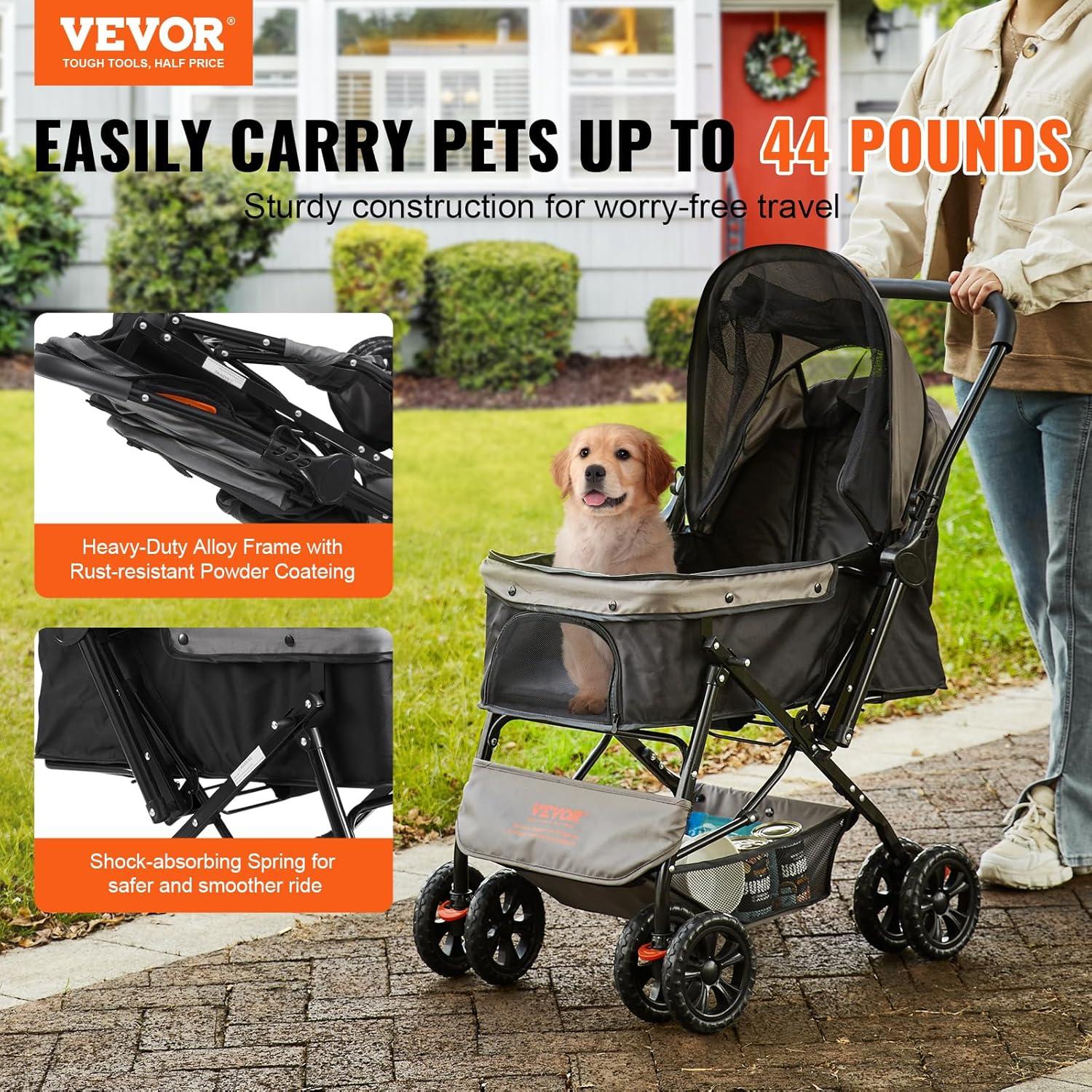 VEVOR Foldable Black and Gray Pet Stroller with Reversible Handle