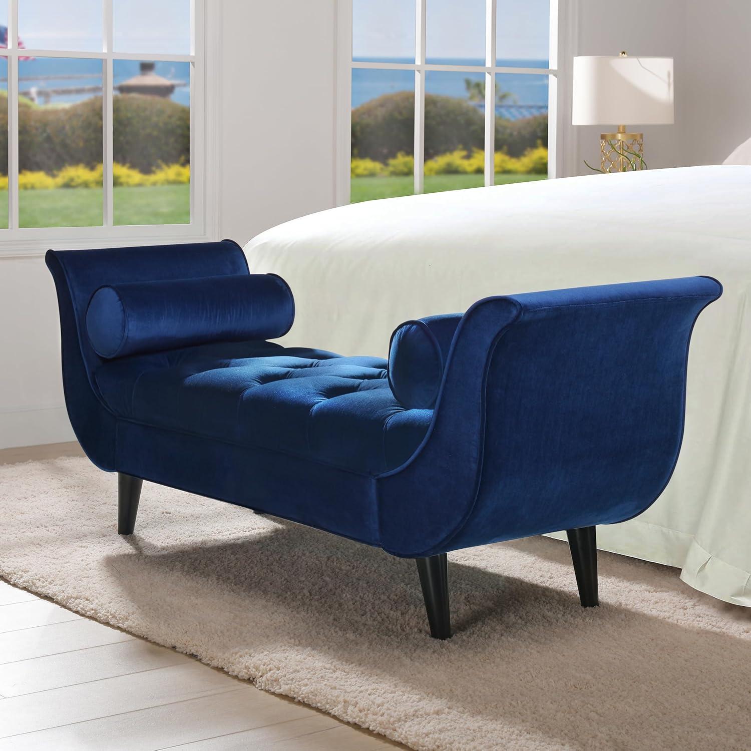 Navy Blue Velvet Mahogany Finish Mid-Century Bedroom Bench