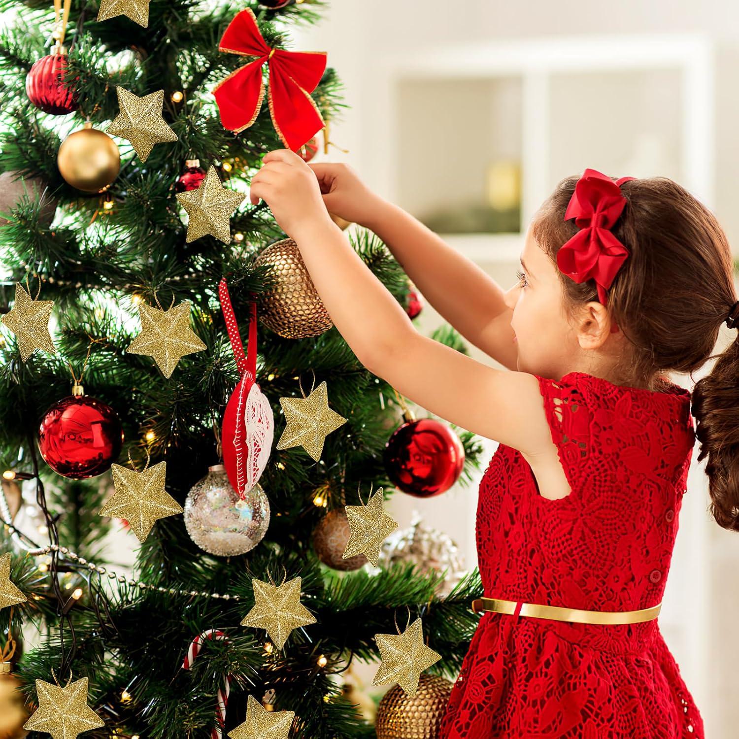 30Pcs Mini Gold Glitter Star Pendant Christmas Tree Hanging Decorations Xmas Star Pendant Tree Ornament Decoration for Christmas