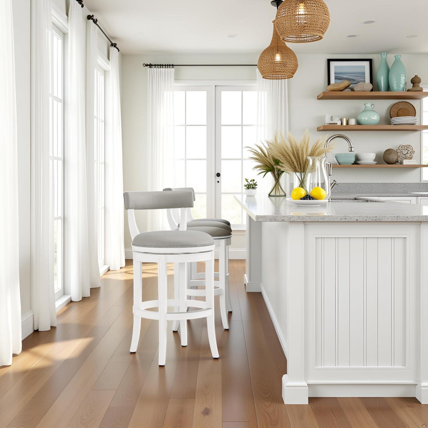 Alaterre Hanover Swivel Bar Height Stool, White and Gray, 30-Inch Seat Height, Solid Rubberwood Frame with Faux Leather Upholstery, Nailhead Trim, Memory Return Swivel, Ideal for Kitchen, Dining Area, Set of 2