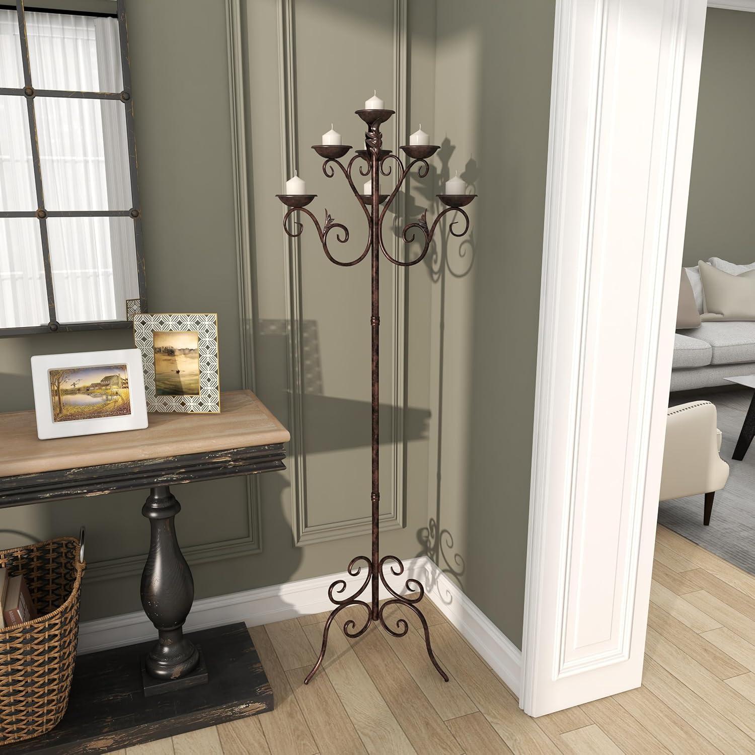 DecMode 6 Holder Brown Metal Tall Candelabra with Scroll Designs