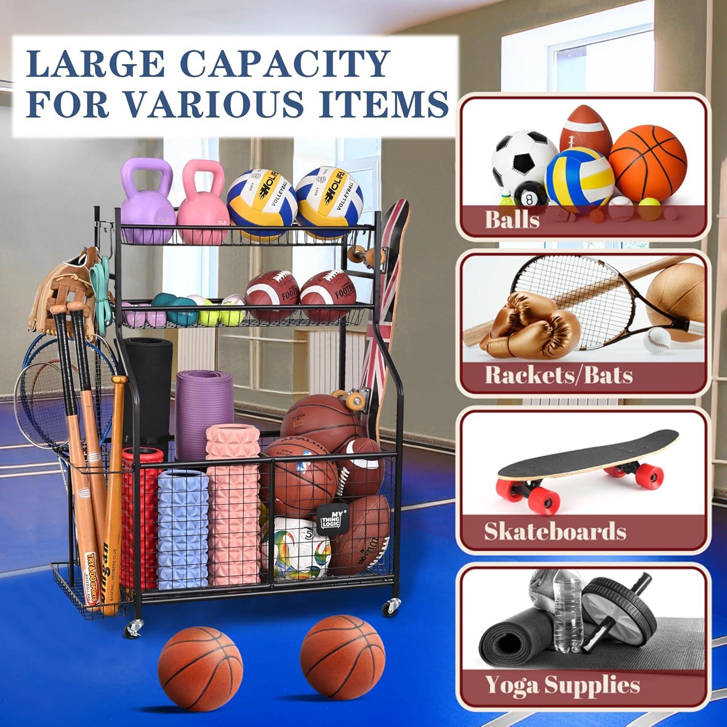 Mythinglogic Garage Storage System, Garage Organizer with Baskets and Hooks, Sports Equipment Organizer for Sports Gear/Toys,Garage Ball Storage