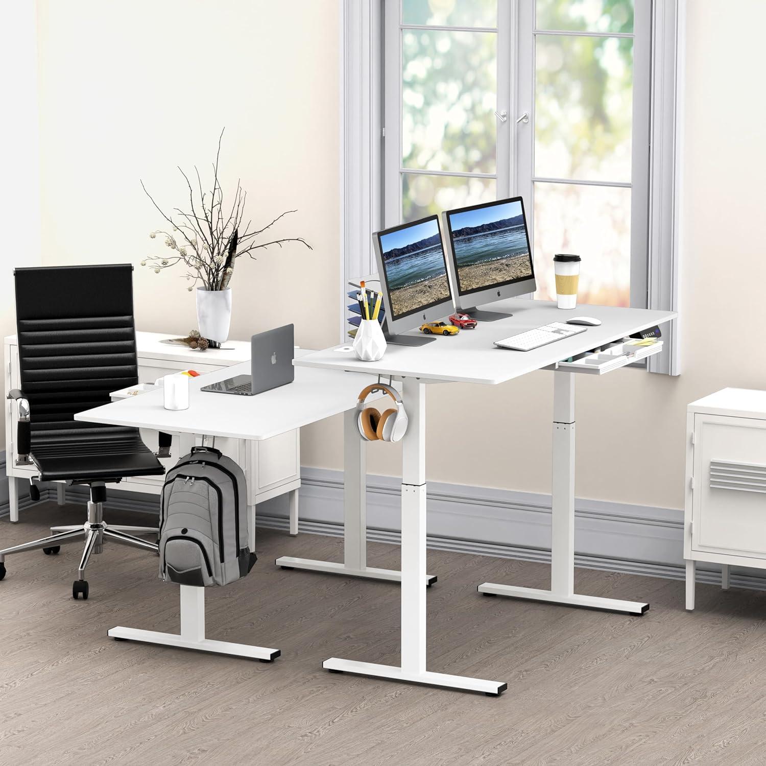 White Adjustable Height Electric Standing Desk with Hooks, 55"