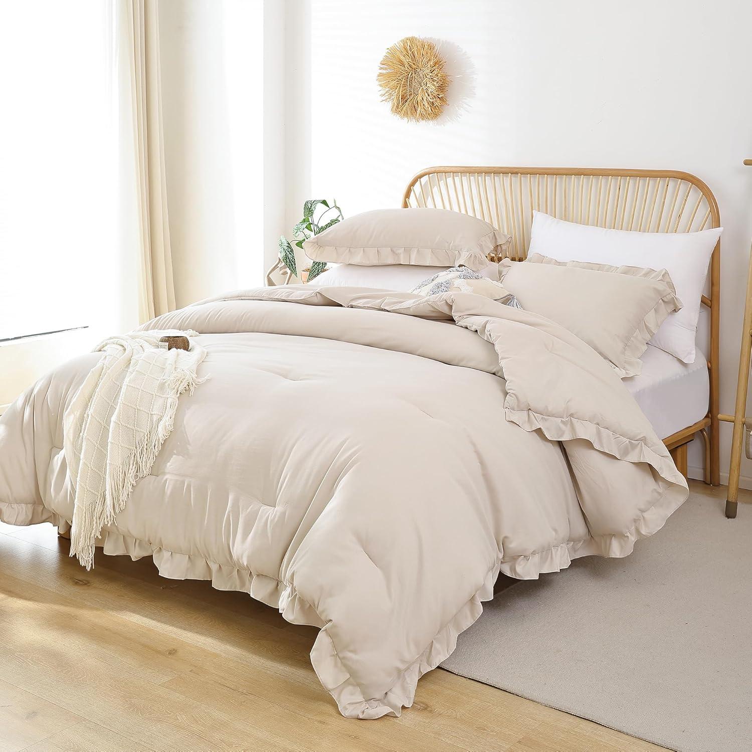 Beige Full Microfiber Ruffle Comforter Set with Pillowcases