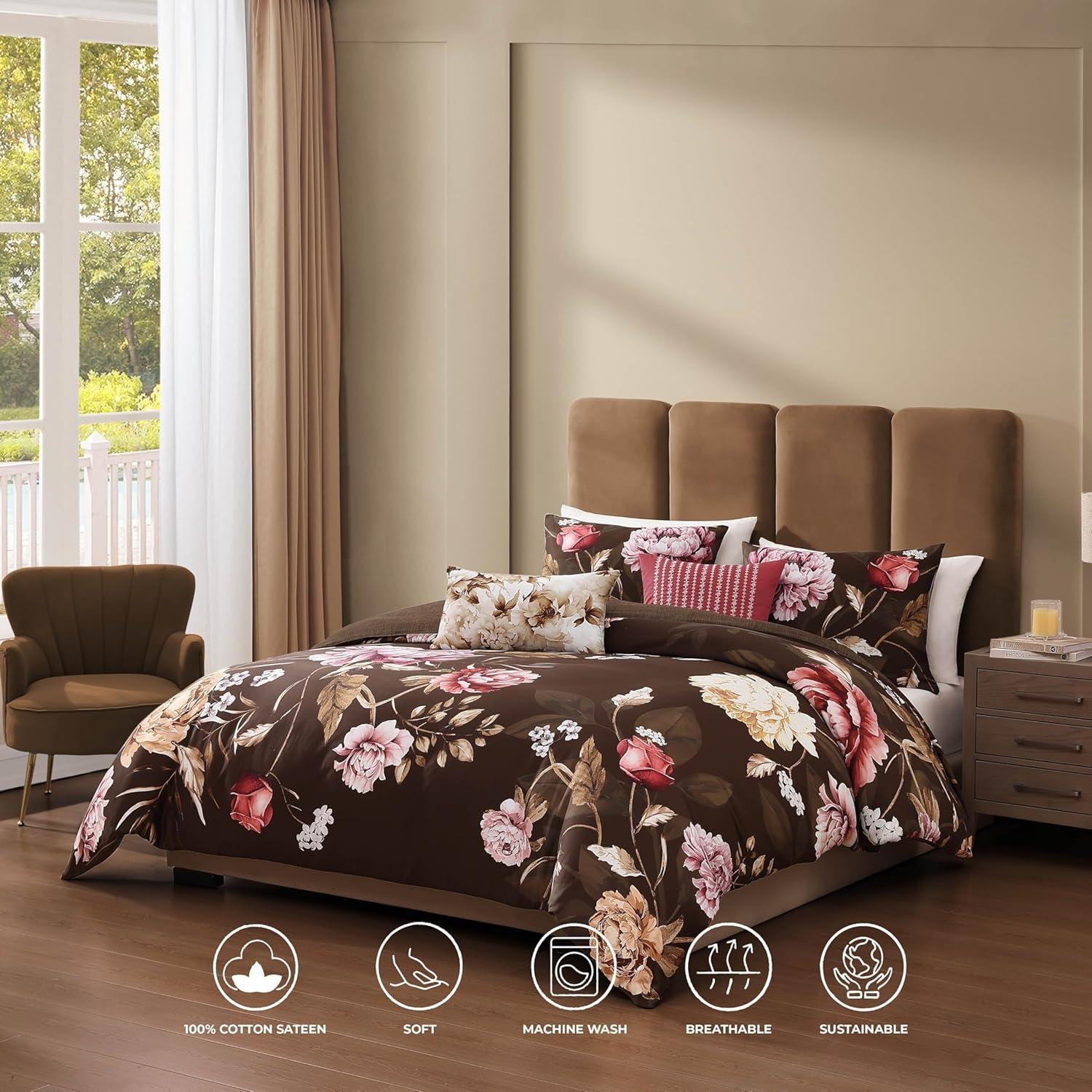 BeBeJan Bebejan Floral Garden on Mocha 100% Cotton 5-Piece Reversible Comforter Set