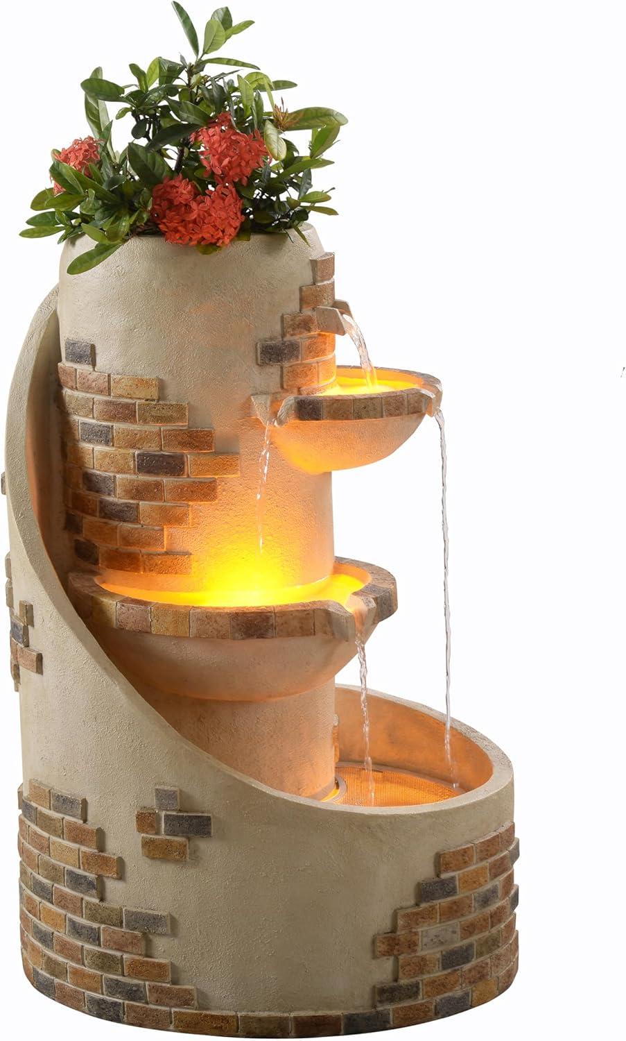 Ivory 3-Tier Cascading Outdoor Water Fountain with Planter and LED Lights