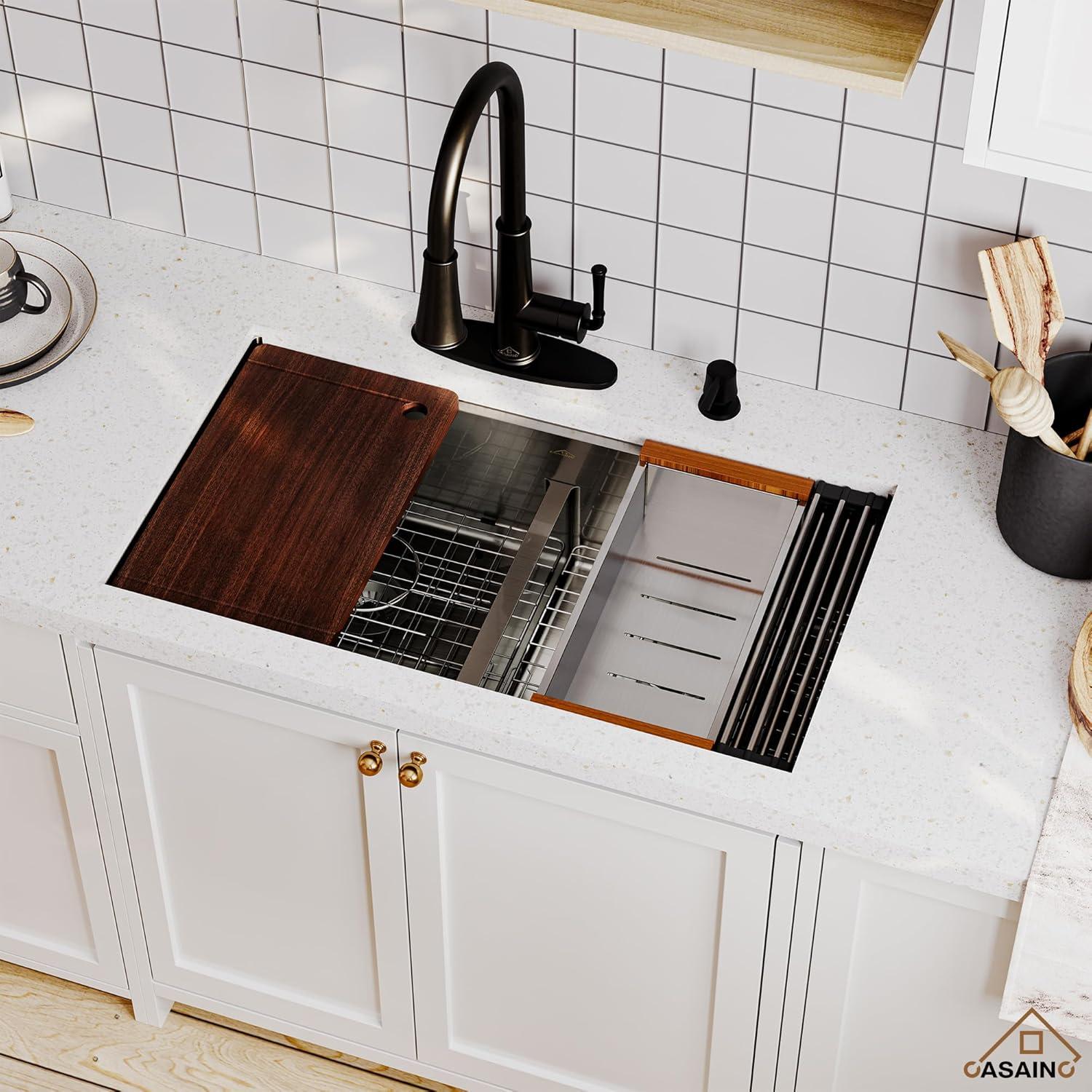 CASAINC Undermount Kitchen Sink Workstation - 33x19x10 Double Bowl Kitchen Sink,16 Gauge Multifunctional Step Kitchen Sinks Set, Nano Material Stainless Steel Sink with Accessories(Pack of 5)