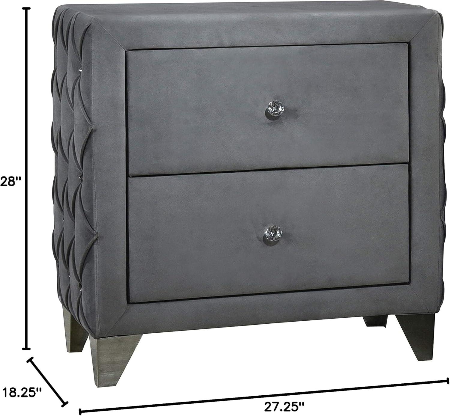 Gray Velvet 2-Drawer Upholstered Nightstand with Crystal Knobs