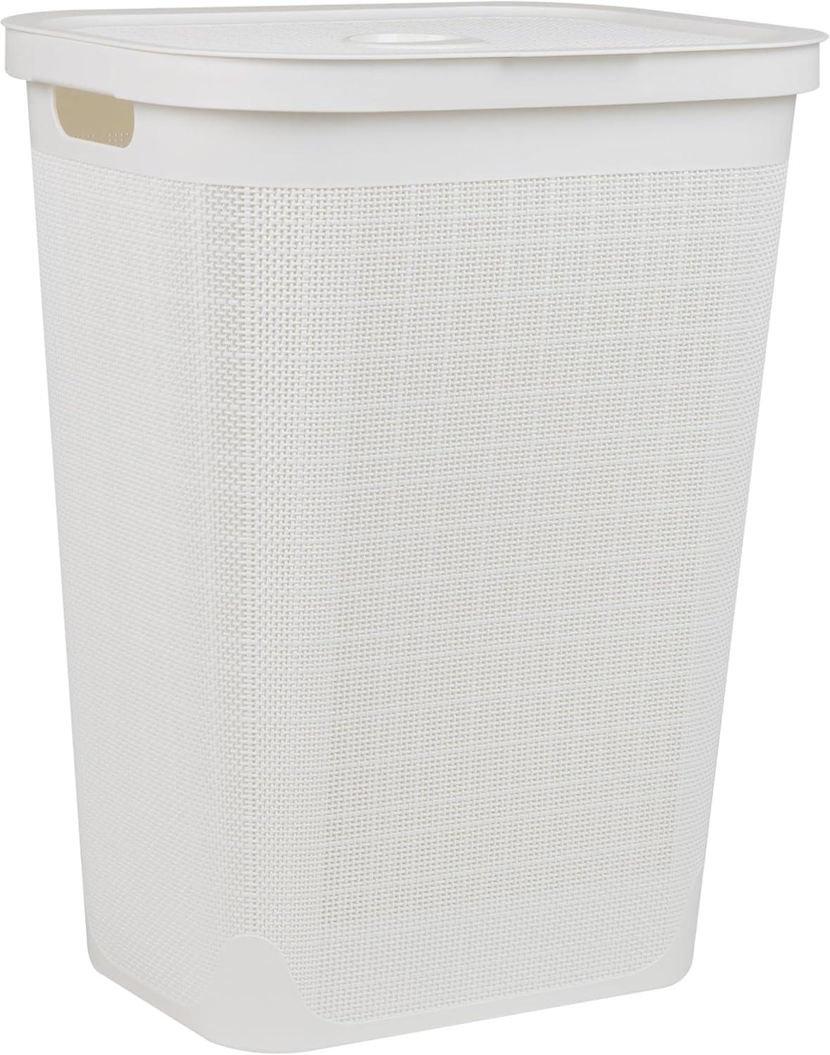 Mind Reader Slim Laundry Hamper, Clothes Basket, Lid, Linen Design, Plastic