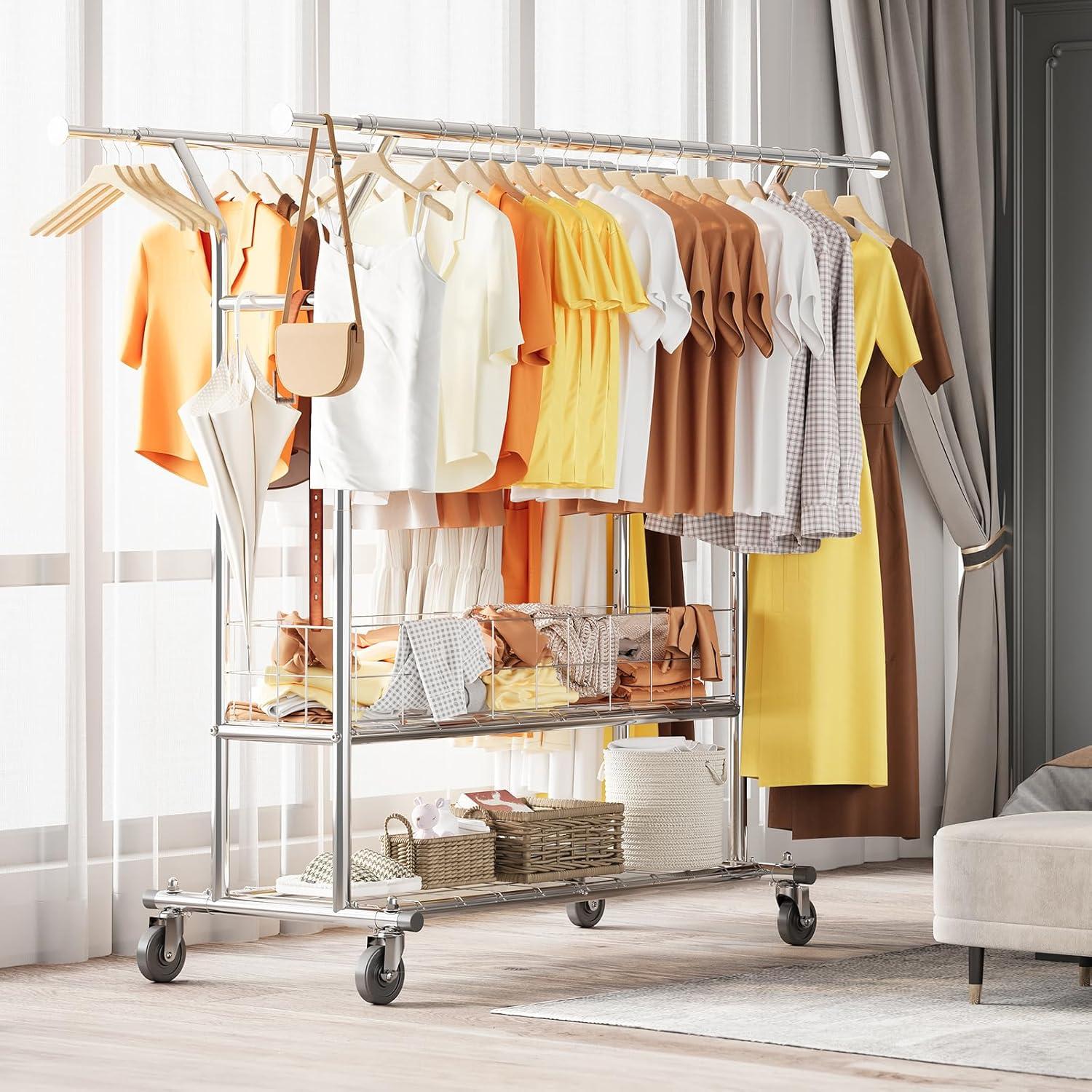 HOKEEPER Heavy Duty Clothing Clothes Rack for Hanging Clothes Adjustable Rolling Garment Rack with Wheels for Bedroom, Living Room (Double Rod with Metal Basket)