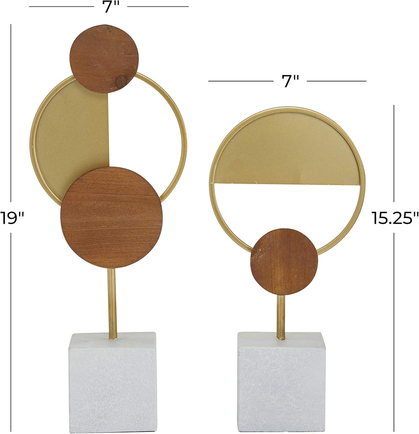 Gold Metal and Wood Geometric Sculpture Set, 19" and 15"H