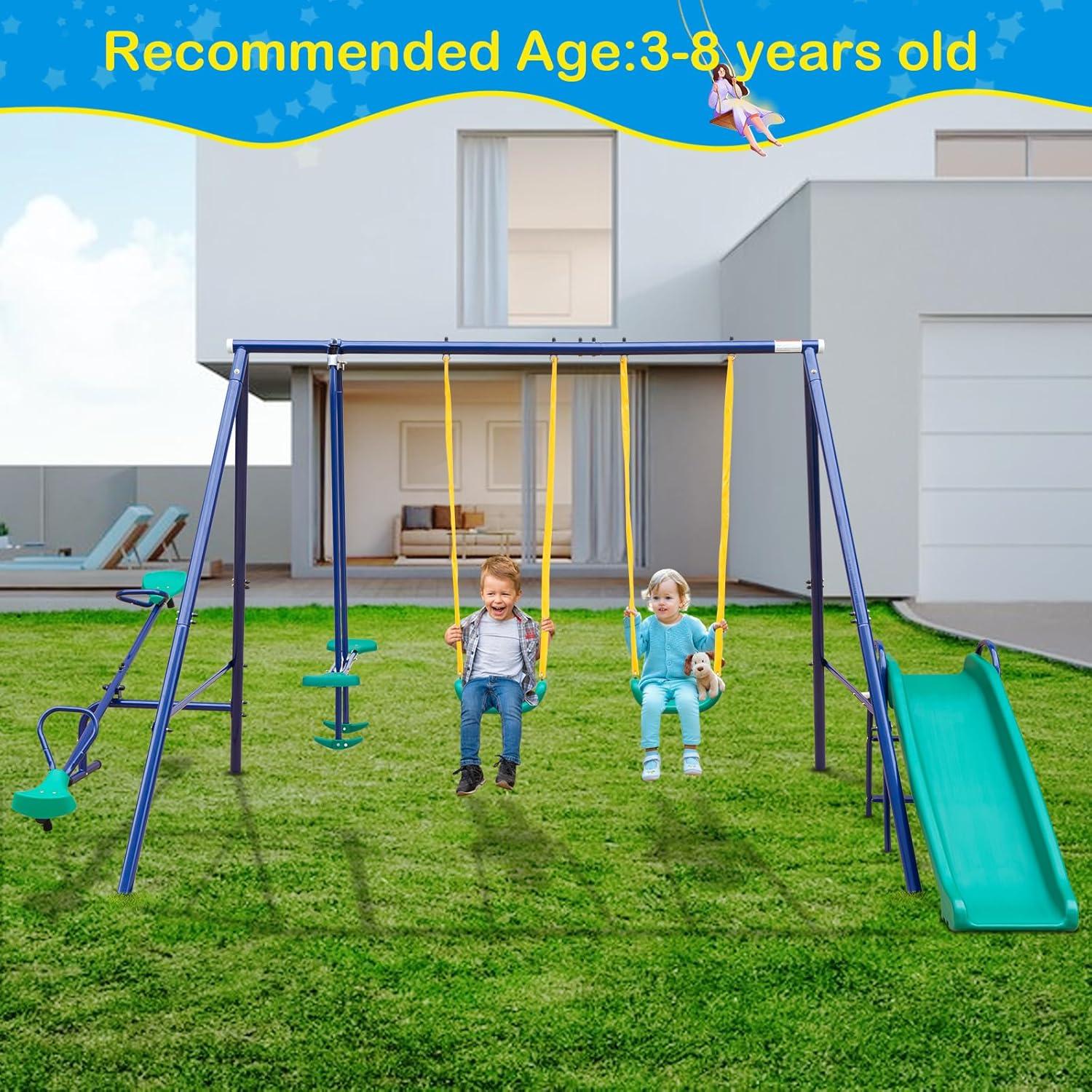 Swing Set for Backyard Outdoor Heavy Duty A-Frame Metal Playset with Seesaw, 2 Swings, Slide and Glider for Kids Toddlers