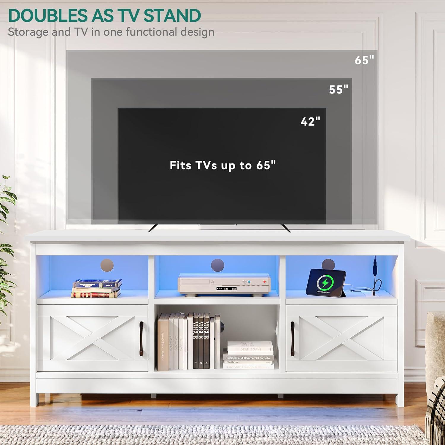 White Farmhouse TV Stand with LED Lights and Storage