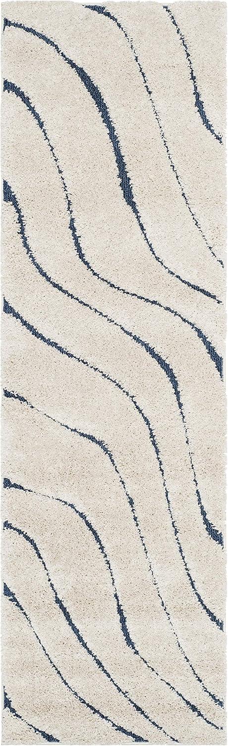 Serene Shag Cream & Blue Synthetic Runner Rug - 2'3" x 7'