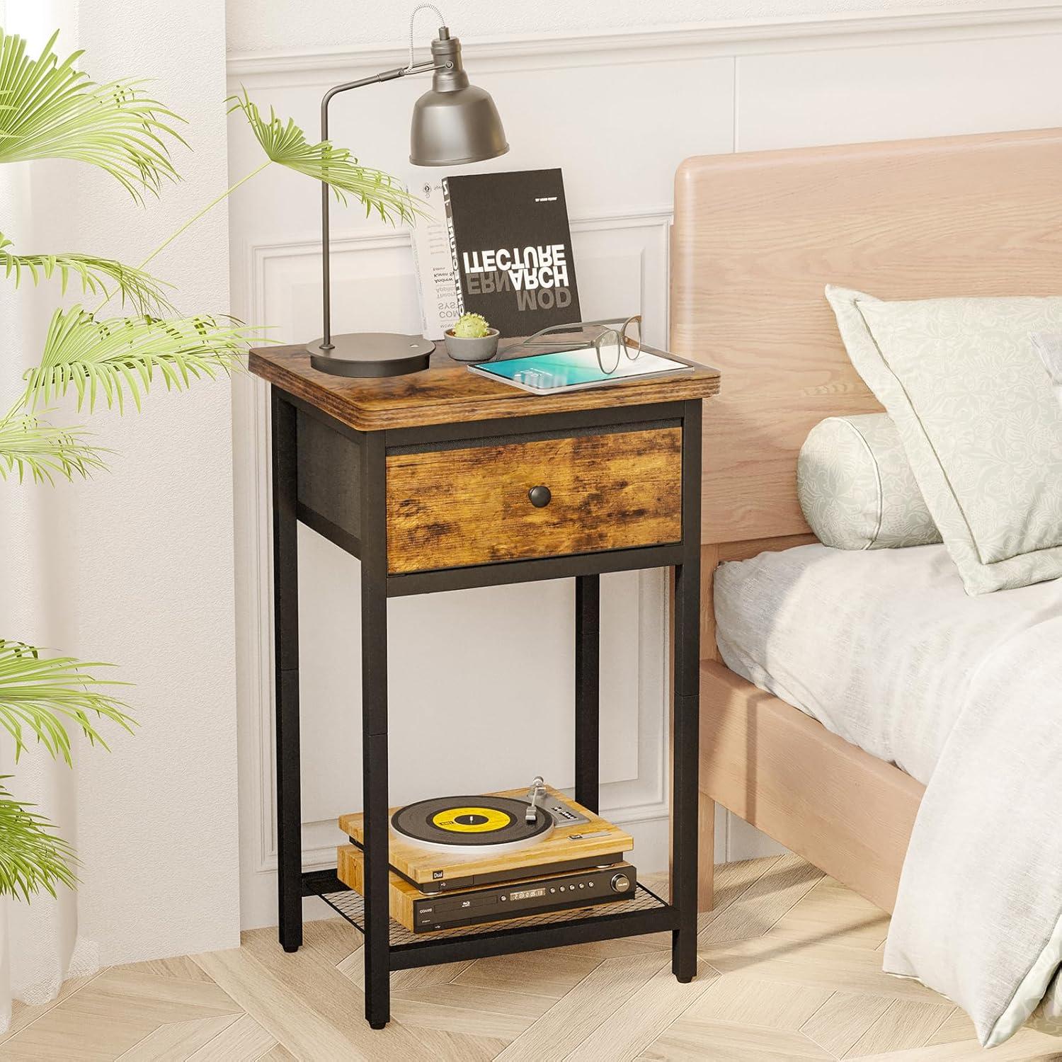 Furologee Nightstands Set of 2, Industrial End Table with Fabric Drawer & Storage Shelf, Retro Bedside Tables Organizer, Sturdy Side Table for Living Room, Bedroom