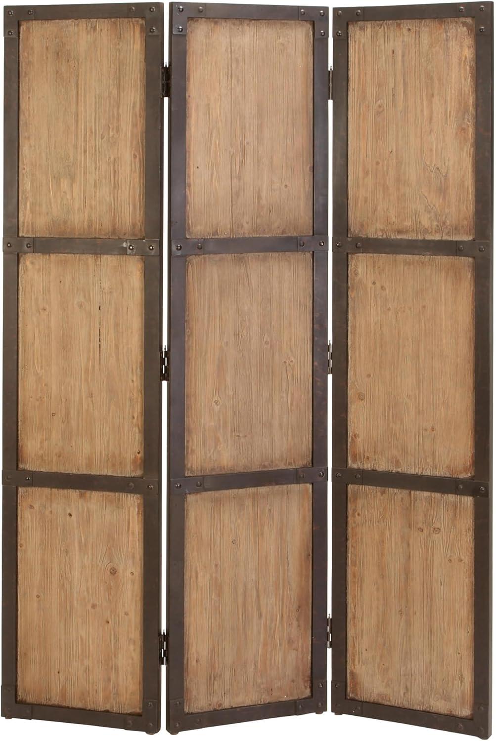 DecMode 48" x 71" Brown Wood Hinged Foldable Partition 3 Panel Room Divider Screen with Solid Wood Panels, 1-Piece