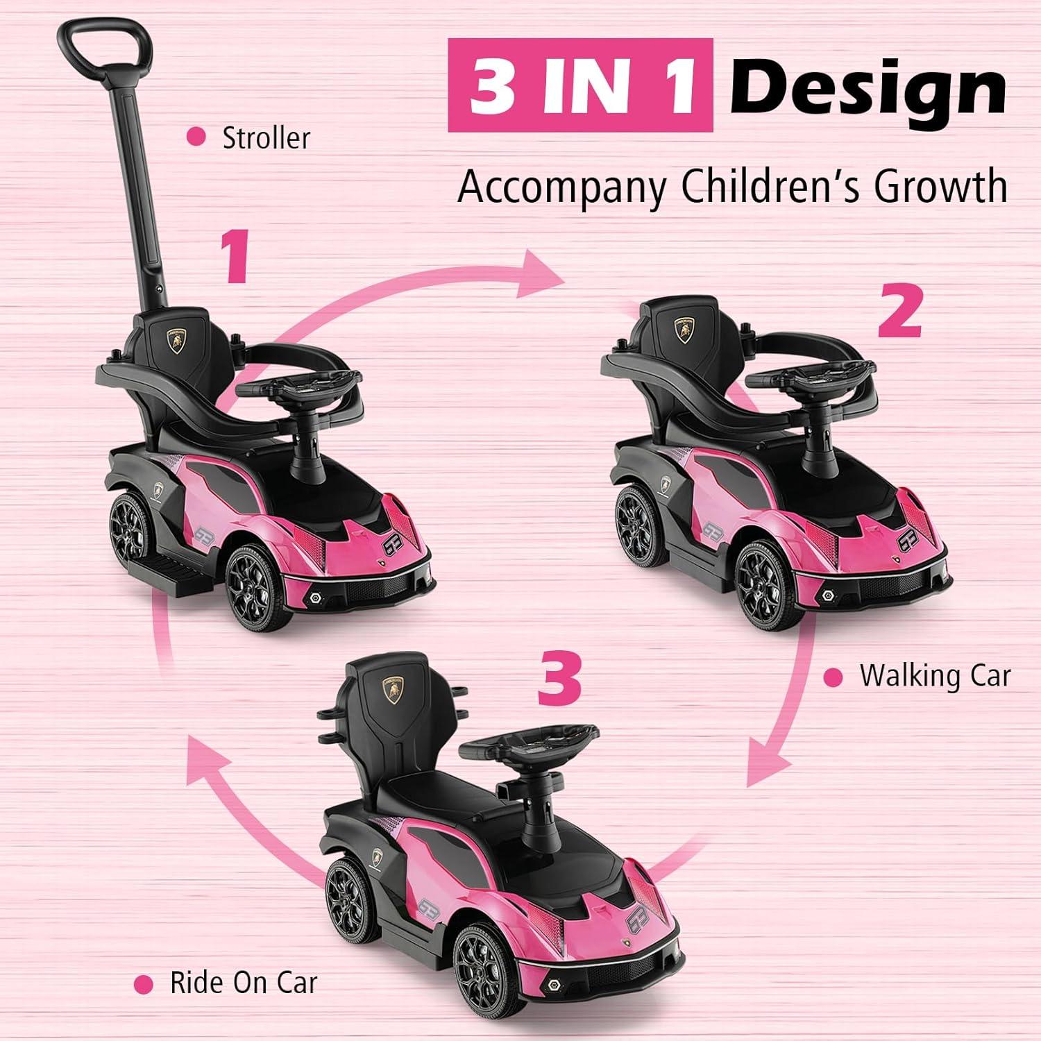 Costway 3-in-1 Licensed Lamborghini Ride on Push Car Stroller Sliding Car w/ Sound Pink