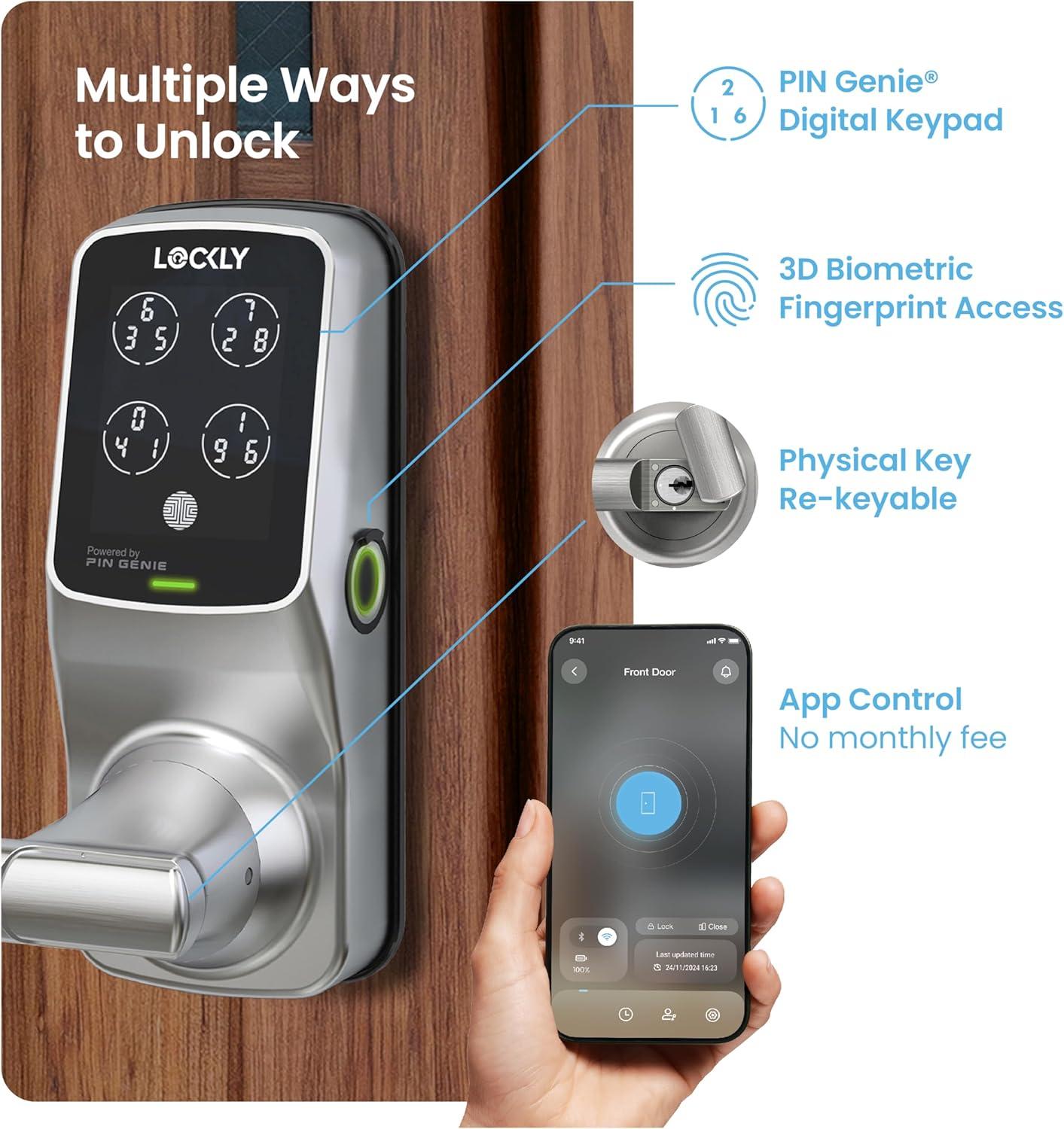 Lockly Secure Pro Latch Wi-Fi Smart Locks Satin Nickel Smart Lock Electronic Handle with Wifi Bluetooth and Fingerprint Touchscreen Keypad