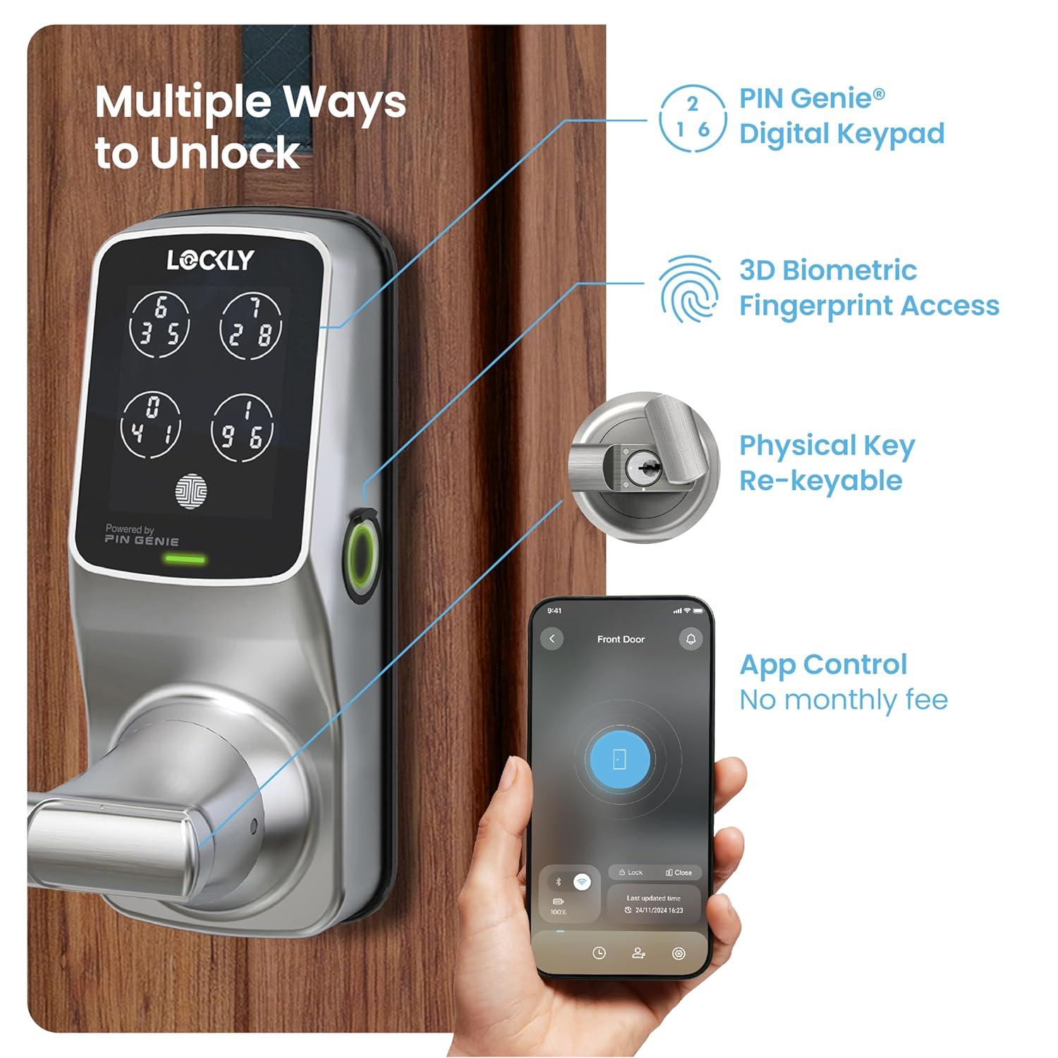 Lockly Secure Plus Bluetooth Smart Door Lock, Keyless Entry with PIN Genie® Digital Keypad, 3D Biometric Fingerprint Sensor Front Door Lock with Handle, Voice Control & Auto Lock - Latch Edition