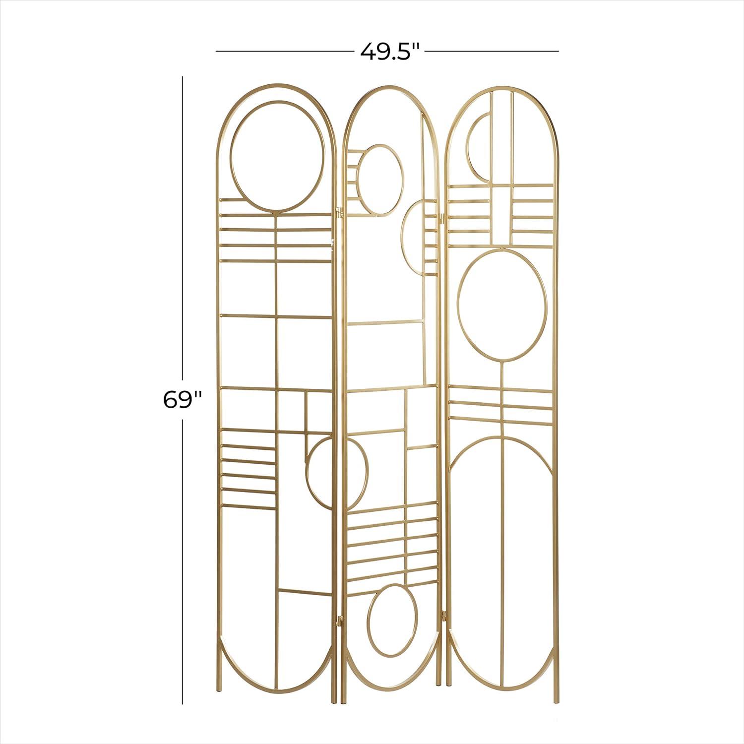 DecMode Modern 3 Panel Metal Room Divider Screen with Geometric Pattern and Gold Finish, 50"W x 69"H