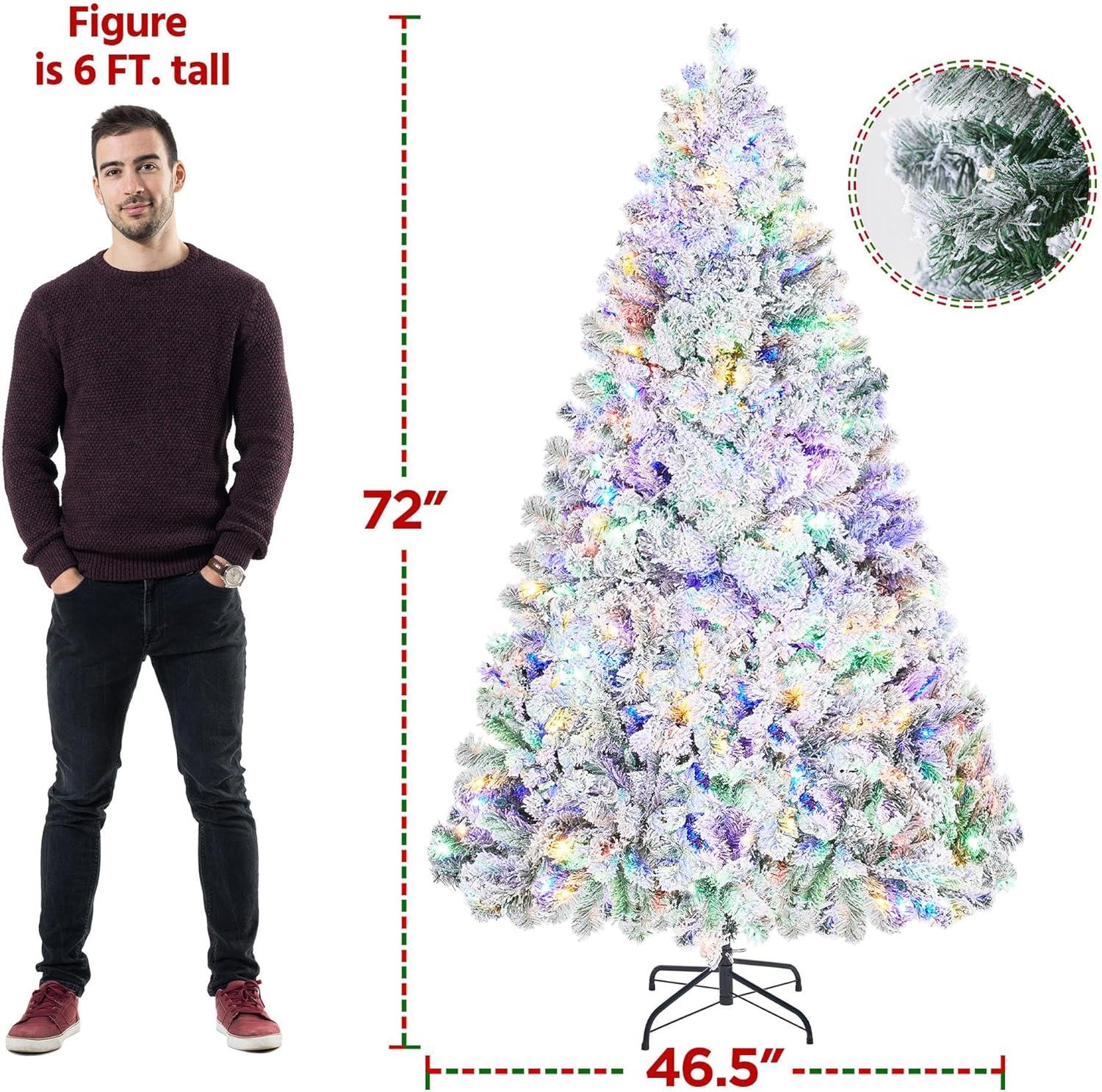 Killeryuki 6ft Pre-lit Spruce Artificial Christmas Tree Snow Flocked Hinges Tree with 250 Multicolor LED Lights & 820 Branch Tips & Metal Stand for Home, Office, Party Decoration, White