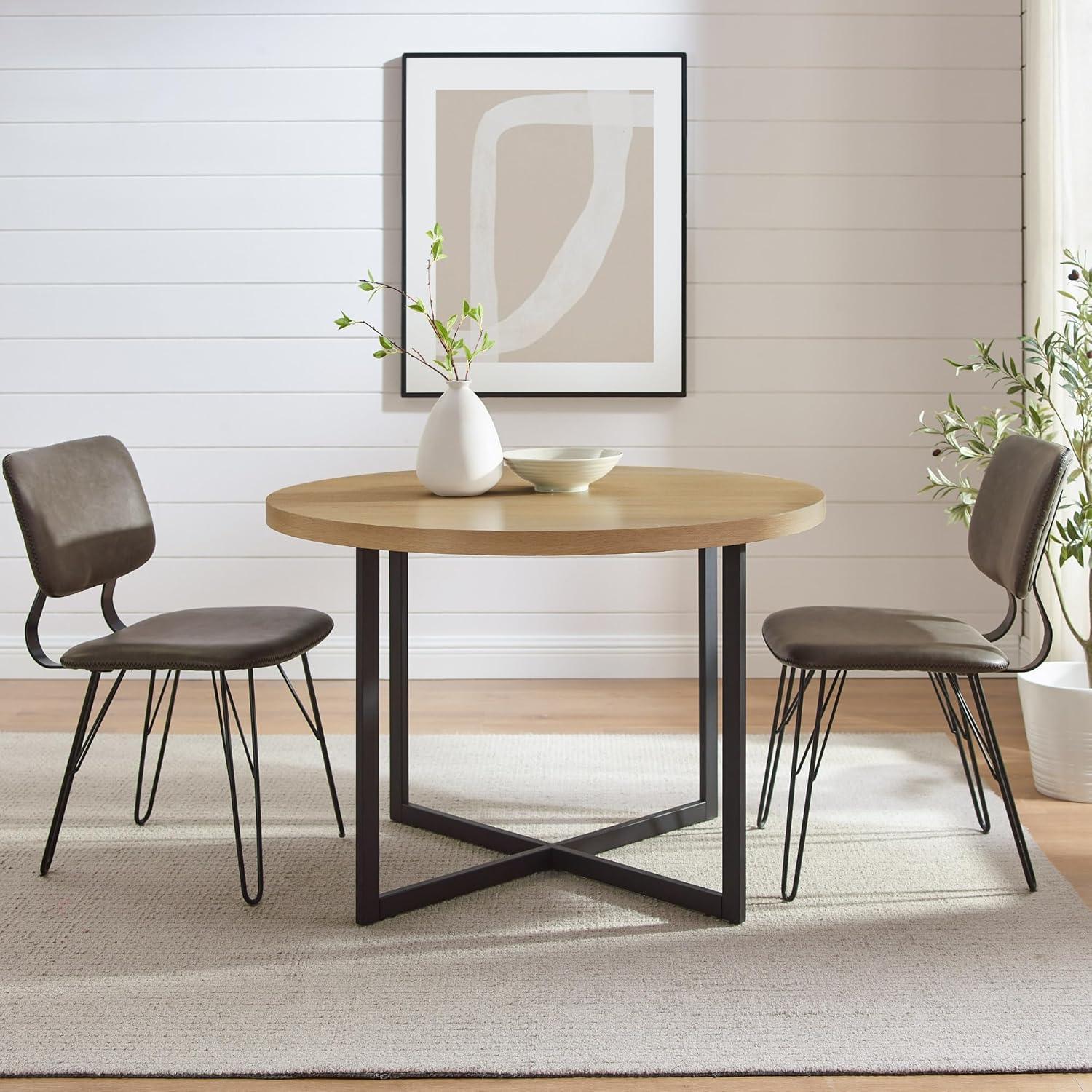 Walker Edison Urban Industrial Metal and Wood Round Dining Table, Coastal Oak