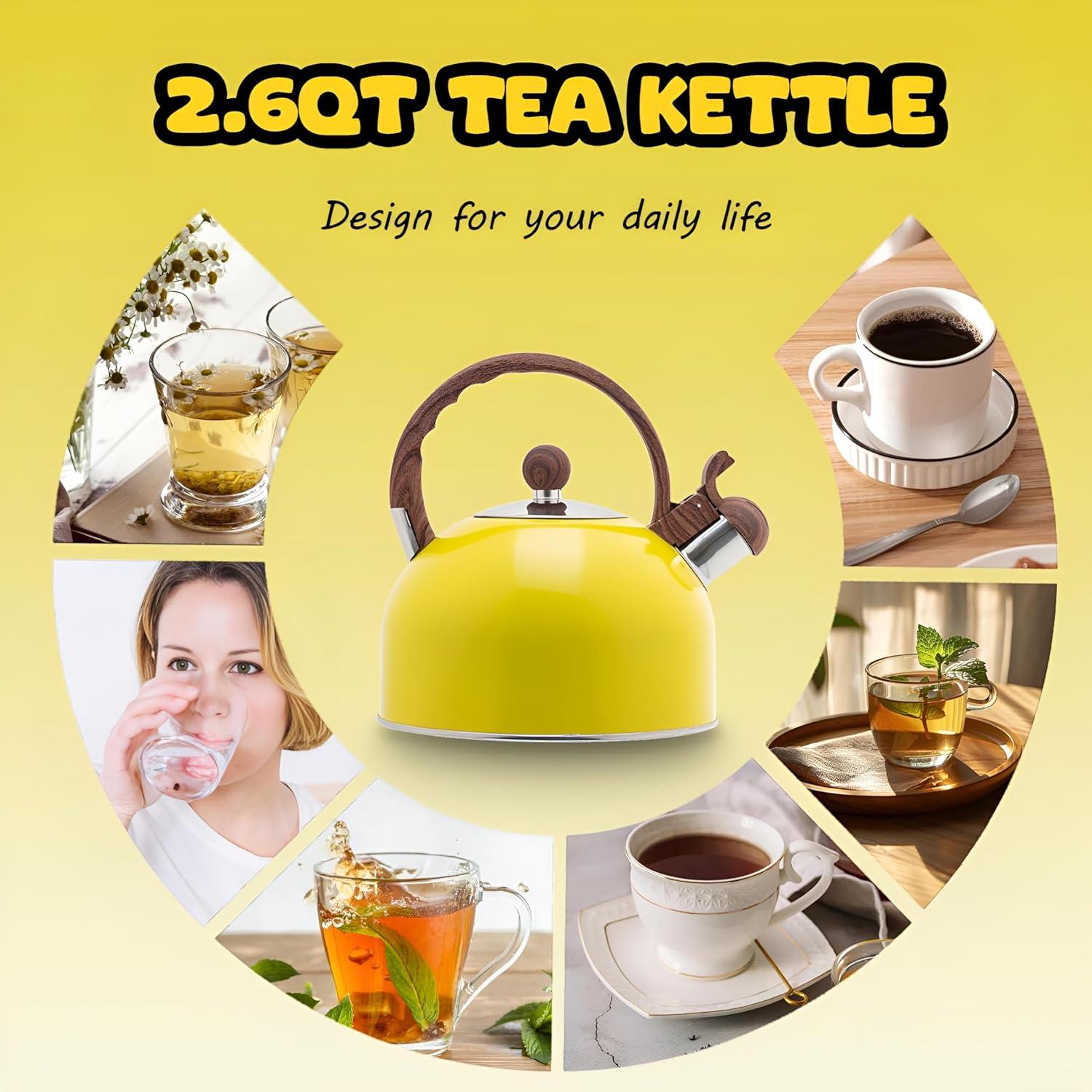 Venoly 2.5 Liter Whistling Tea Kettle - Modern Stainless Steel Whistling Tea Pot for Stovetop Hot Water Boiler with Cool Grip Ergonomic Handle (Lemon Yellow, 2.5 Quarts/Liters)