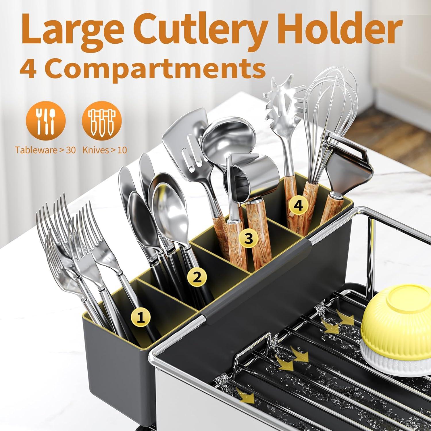 Dish Drying Rack - 304 Large Stainless Steel Dish Drainer for Kitchen Counter, Multifunctional Rust Resistant Kitchen Organizer and Easy Cleaning Storage Rack with Cutlery Holder Drip Tray