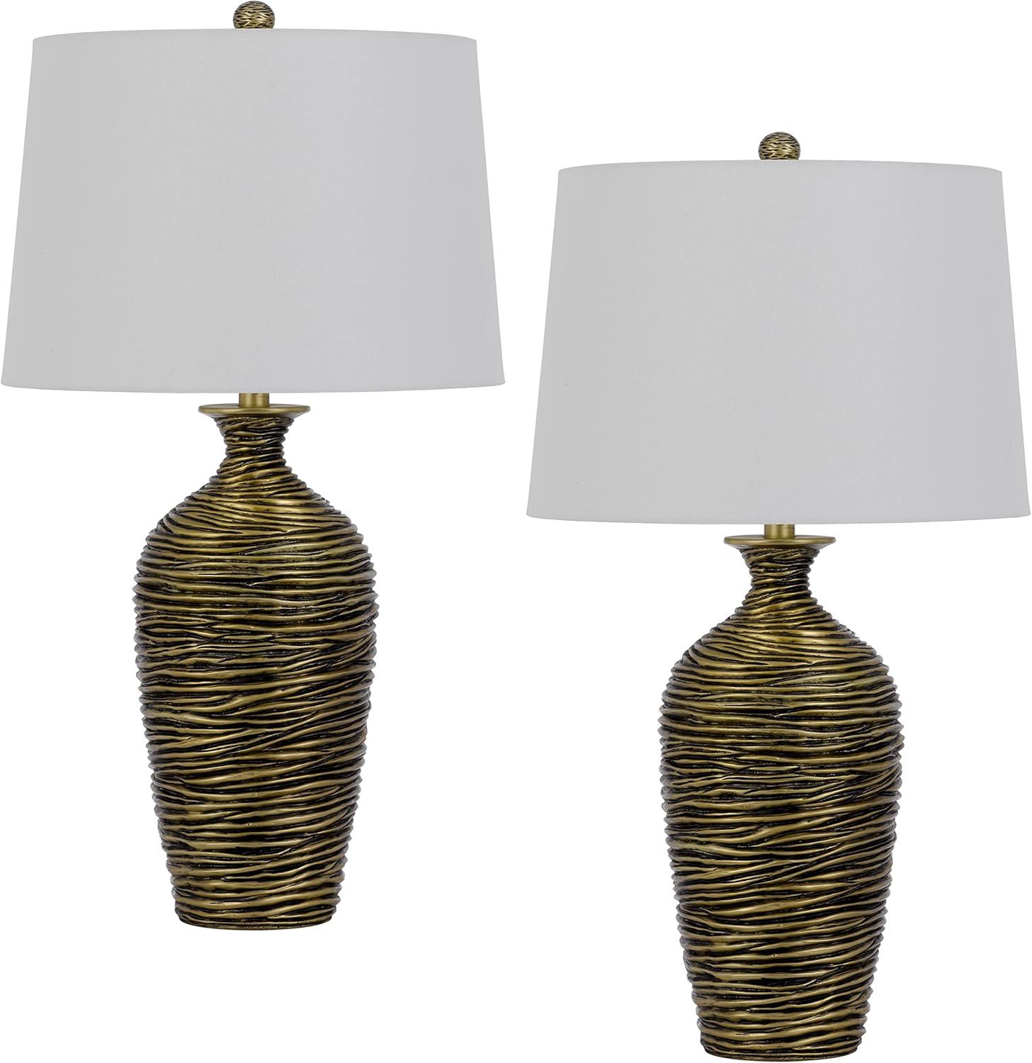 150W 3-Way Aurora Resin Table Lamp with Hardback Taper Drum Fabric Shade, Antique Bronze