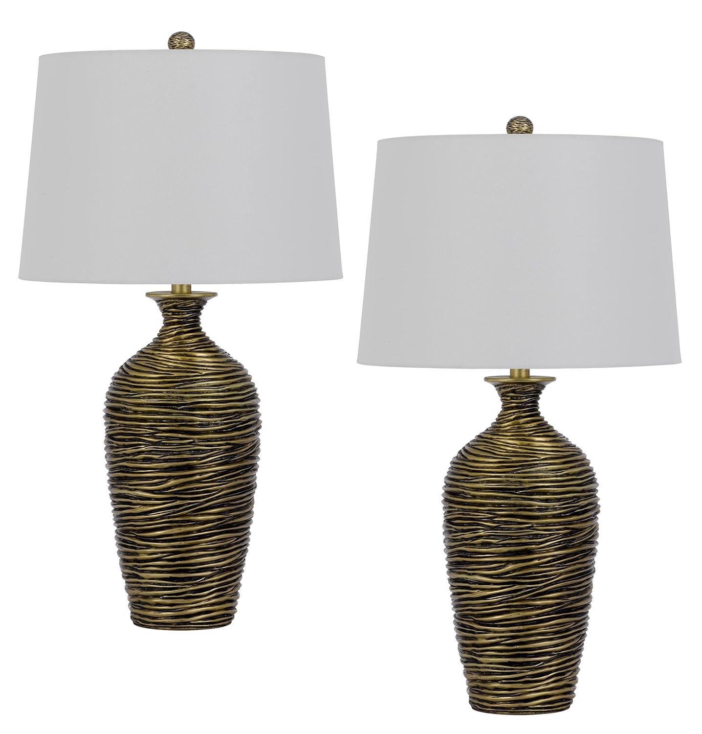 150W 3-Way Aurora Resin Table Lamp with Hardback Taper Drum Fabric Shade, Antique Bronze