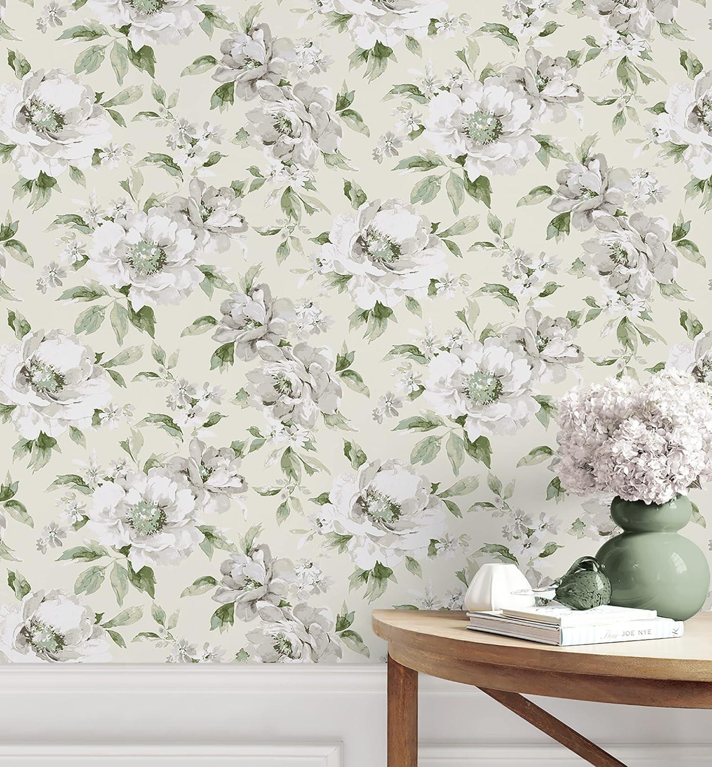 Surface Style - Peel and Stick Wallpaper, Whimsical Wallpaper for Bedroom, Dorm Room Essentials, Self Adhesive, Vinyl, 30.75 Sq Ft Coverage (Whispery Floral Collection, Celadon)