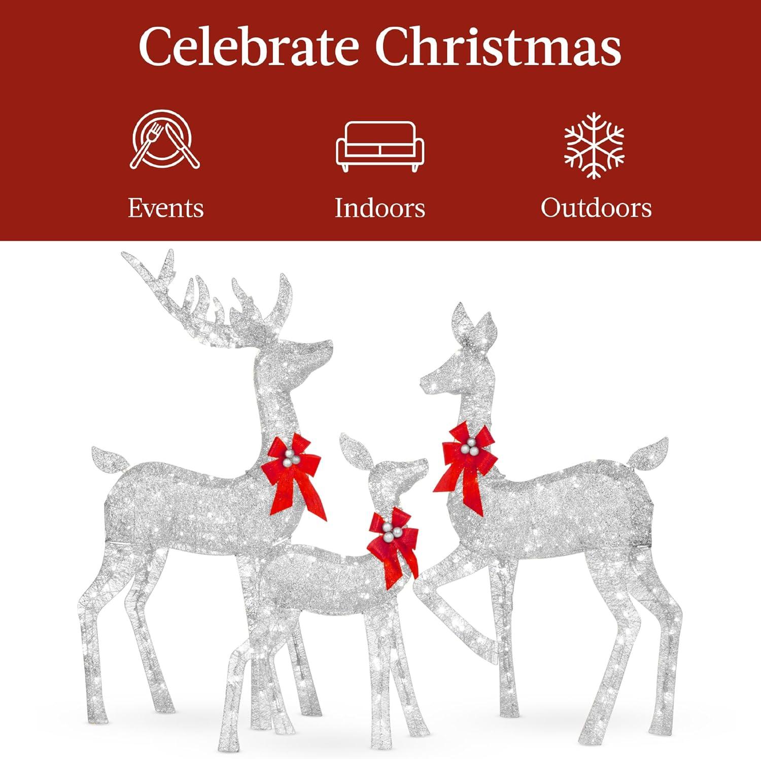 Best Choice Products 6.5ft 3-Piece Lighted Christmas Deer Set Outdoor Yard Decoration w/ 385 LED Lights, Stakes - Silver