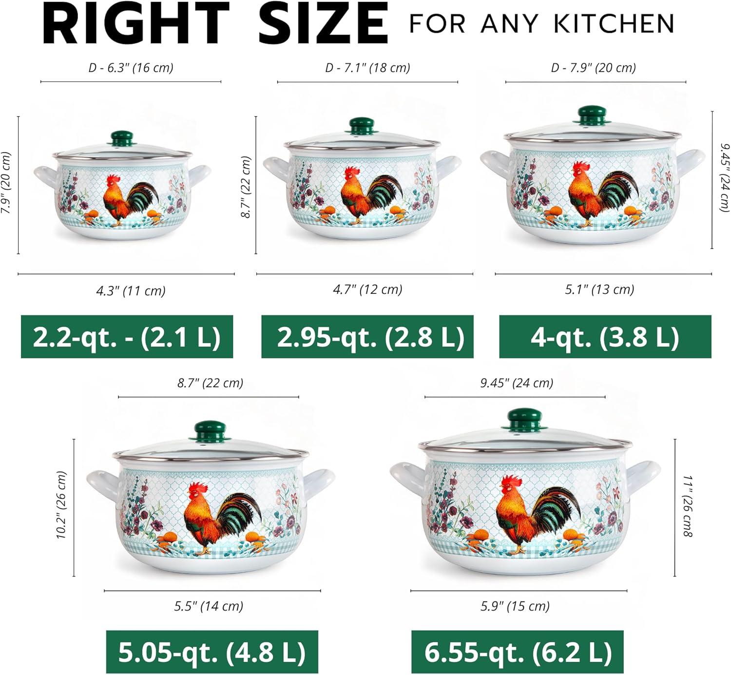 STP Goods Traditional Country Style Enamel Rooster Belly Deep Casserole With Glass Lid