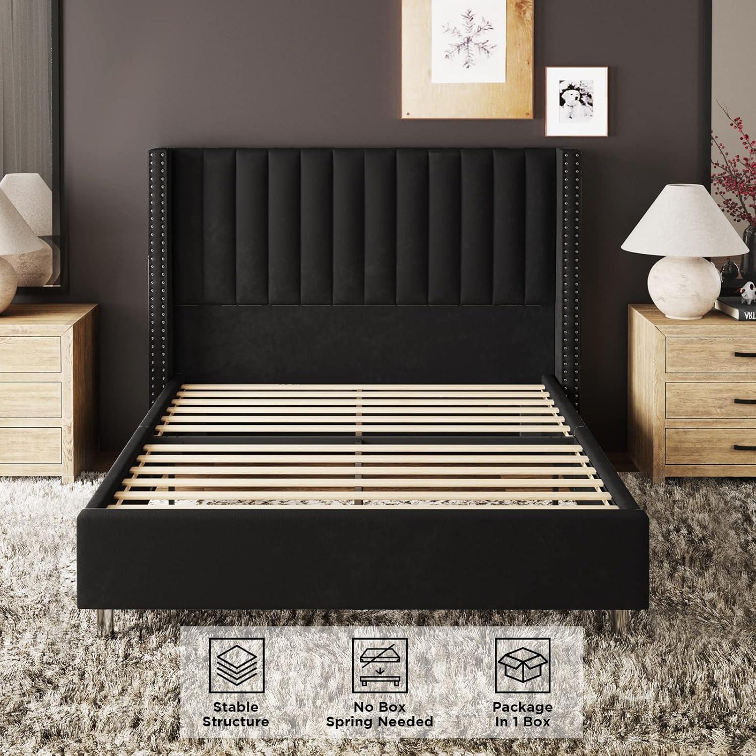 Jocisland Bed Frame Queen Size Upholstered Bed Wingback Headborad Velvet Channel Tufted/No Box Spring Needed/Black