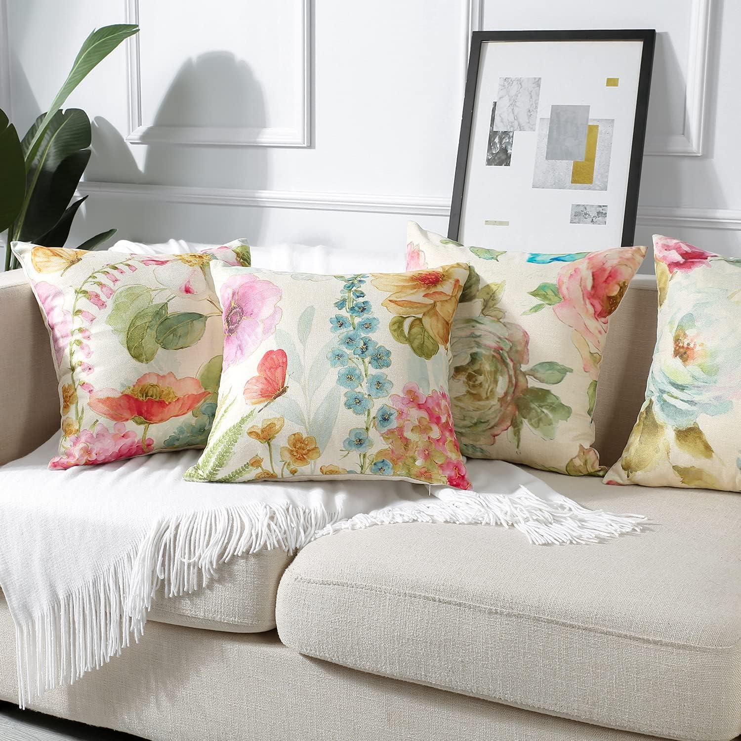 Artscope Set of 4 Waterproof Throw Pillow Covers 18x18 Inches, Pink Roses and Butterfly Pattern Decorative Cushion Covers, Perfect to Outdoor Patio Garden Living Room Sofa Farmhouse Decor