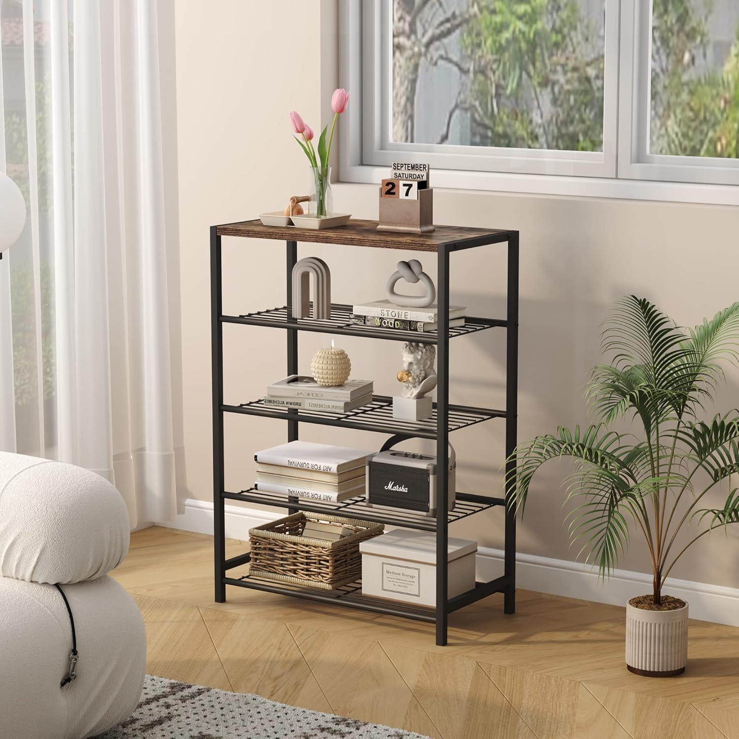 Industrial 5-Tier Black Metal and Wood Shoe Rack