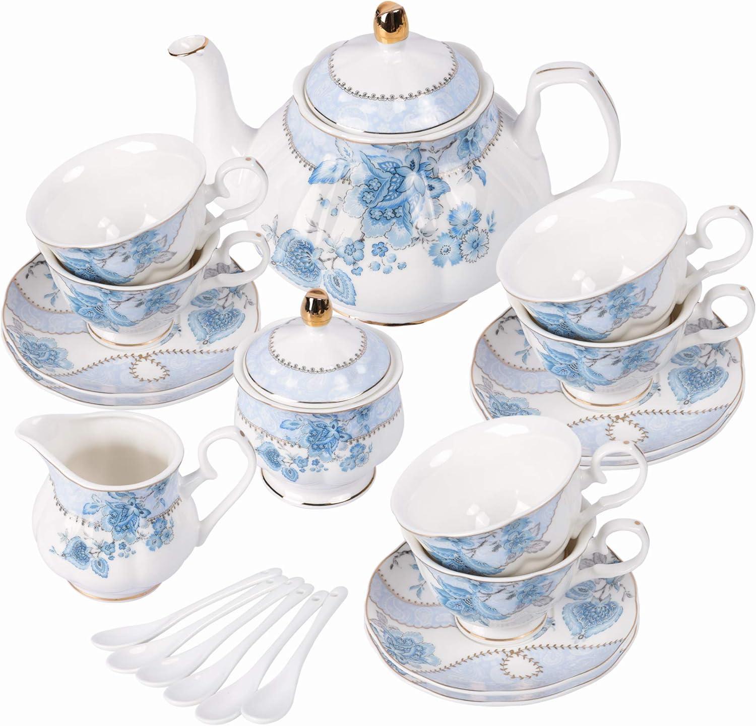 DOFLIC Porcelain Tea Set, Tea Cup and Saucer Set Service for 6, Wedding Tea Set