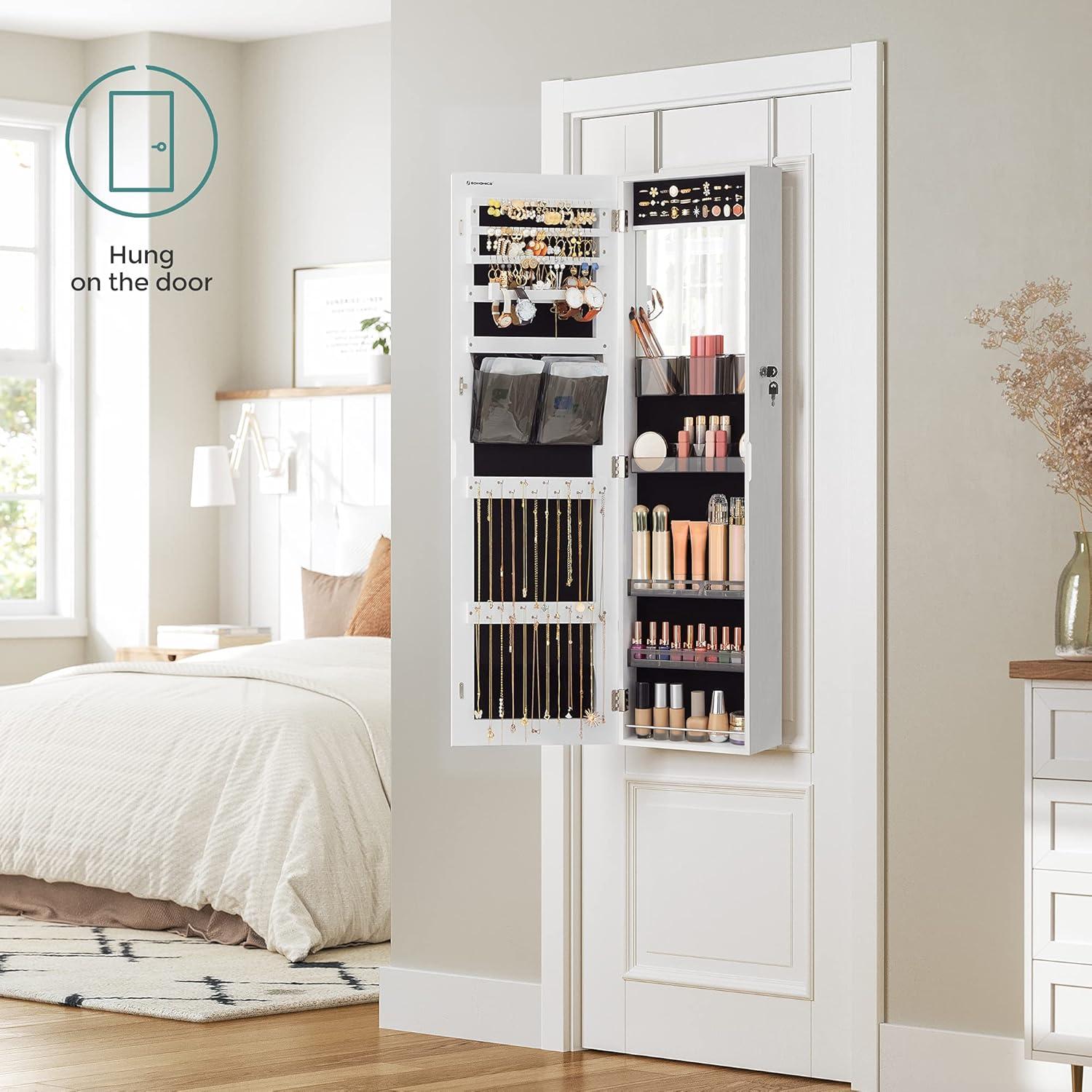 SONGMICS Jewelry Armoires Wall/Door Mount Jewelry Storage Cabinet Organizer Box Full-Length Mirror with Built-in Small Mirror Jewelry Shelves Gift White