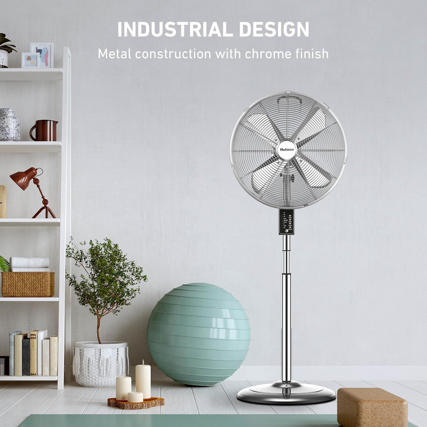 Holmes 16” Digital Oscillating Metal Stand Fan, 3 Speeds, Adjustable Height, Remote Control, Chrome