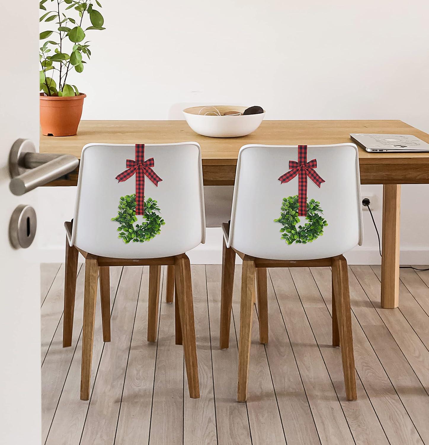 KOVOT Set of 4 Hanging Wreaths with Plaid Ribbon Bow. Christmas Decoration for Cabinets, Behind Chairs, Doors, Railings & Windows - Black & Red