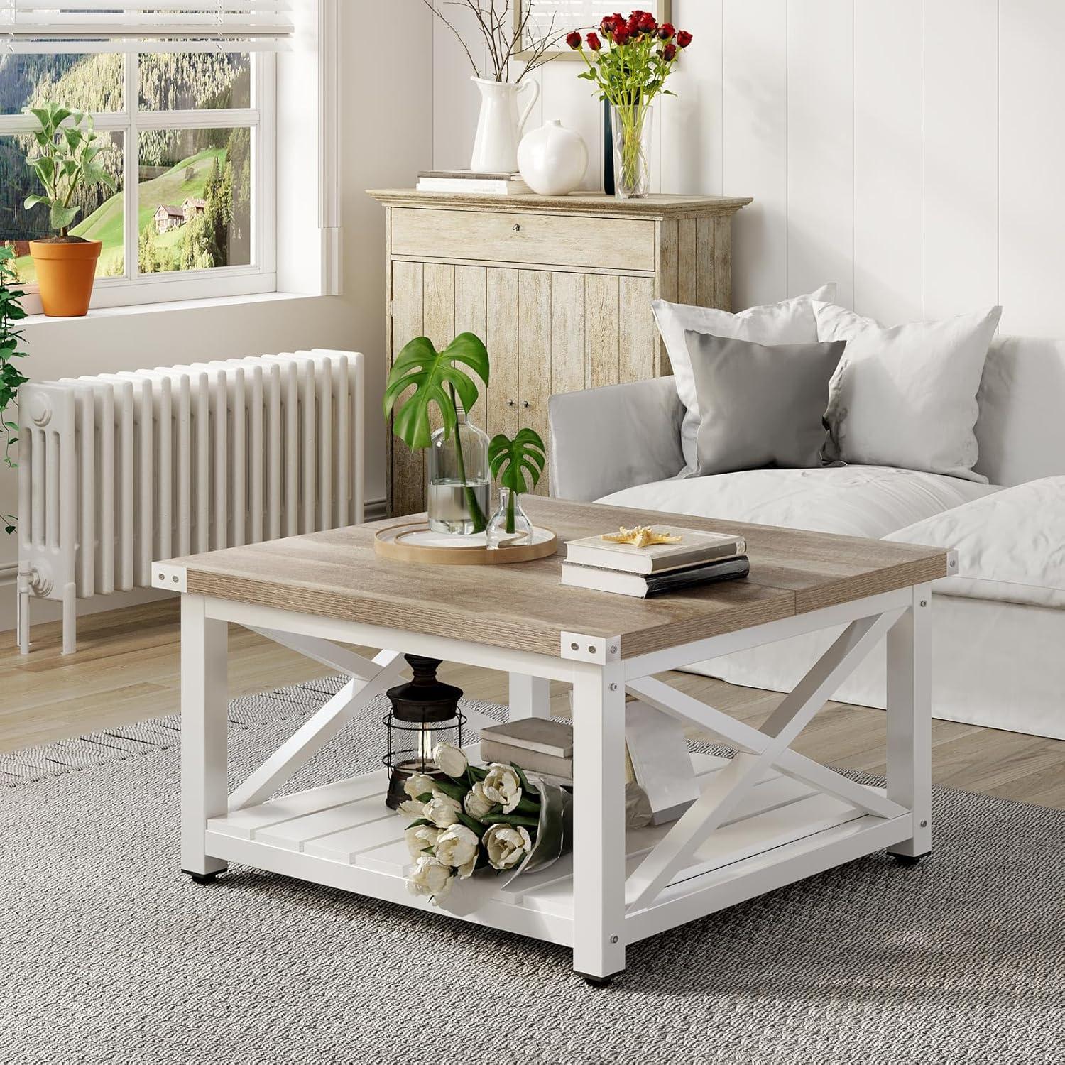DEXTRUS Farmhouse Square Wood Coffee Table with Open Storage Shelf