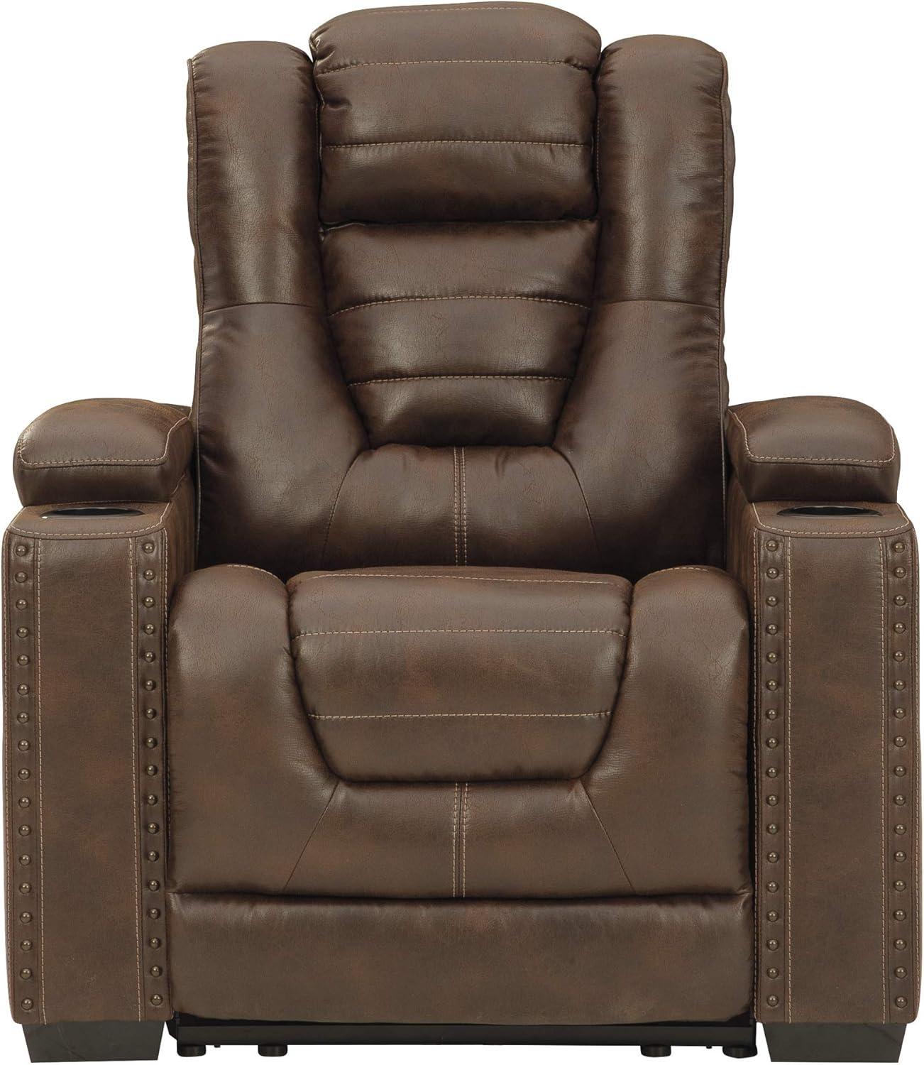 Transitional 38" Brown Faux Leather Power Recliner with Headrest