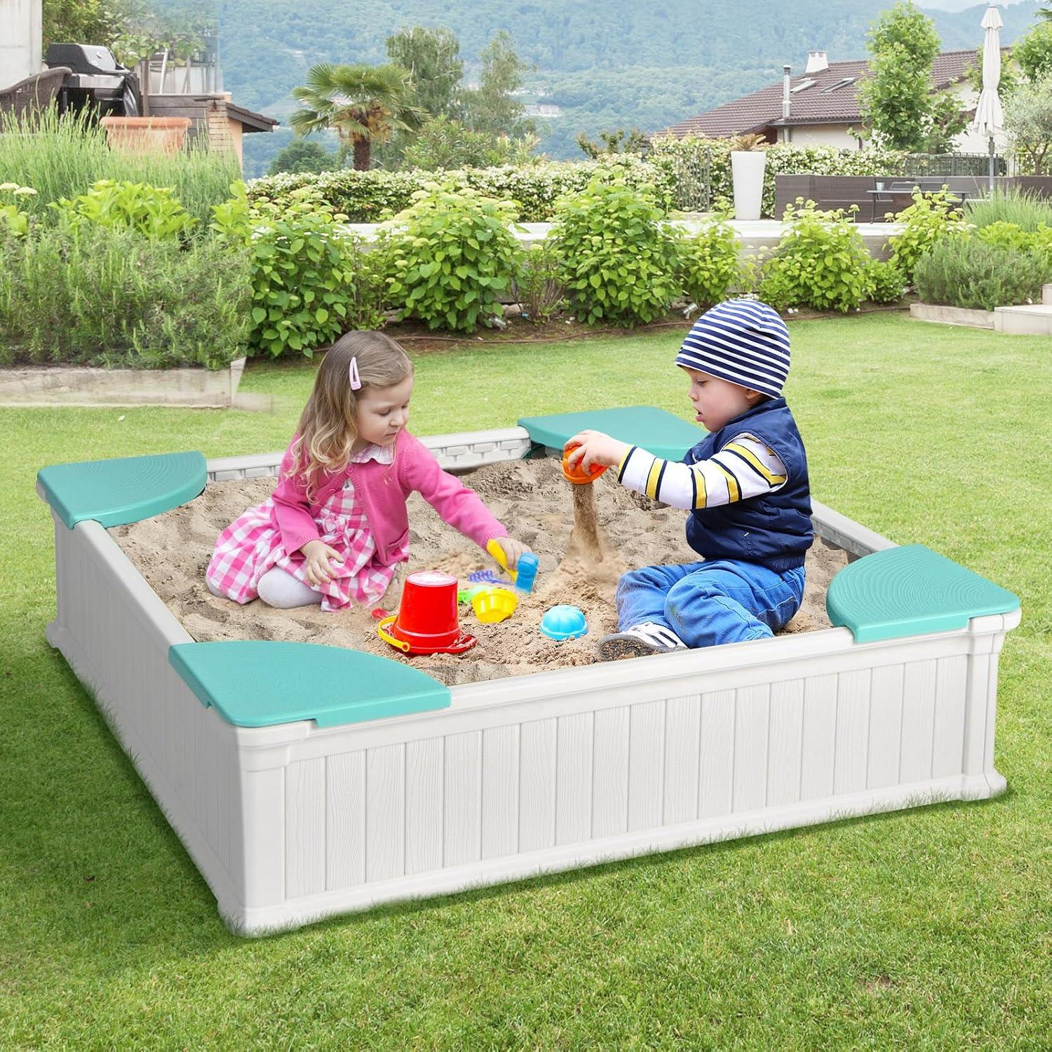 Spaco Kids Outdoor Sandbox with Oxford Cover and 4 Corner Seats, Backyard Sandbox, Kids Sand Activity Sensory Play Pit, Toddler Summer Outdoor Toys, 1+ Years Old