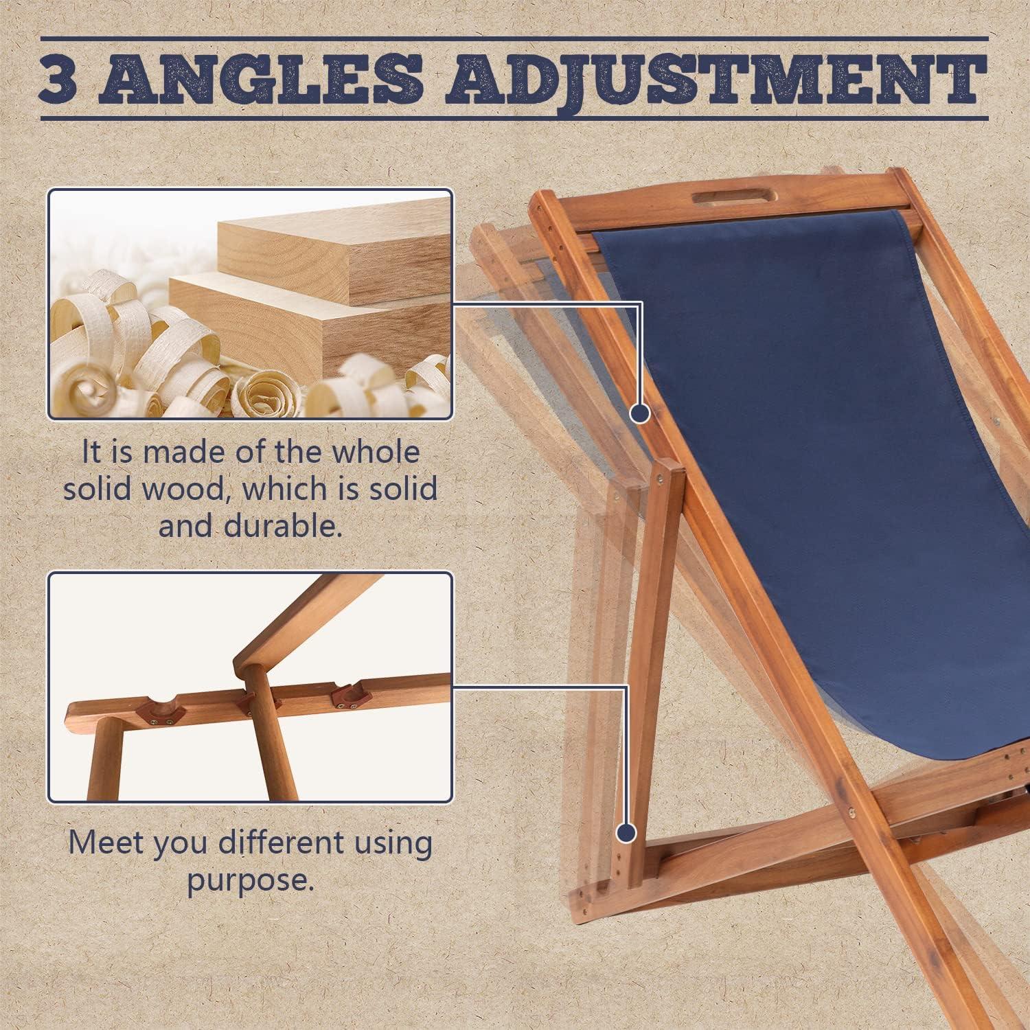 FDW Beach Sling Patio Chair for Relaxing, Foldable with Adjustable Height Made from Eucalyptus Wood with White Polyester,Khaki