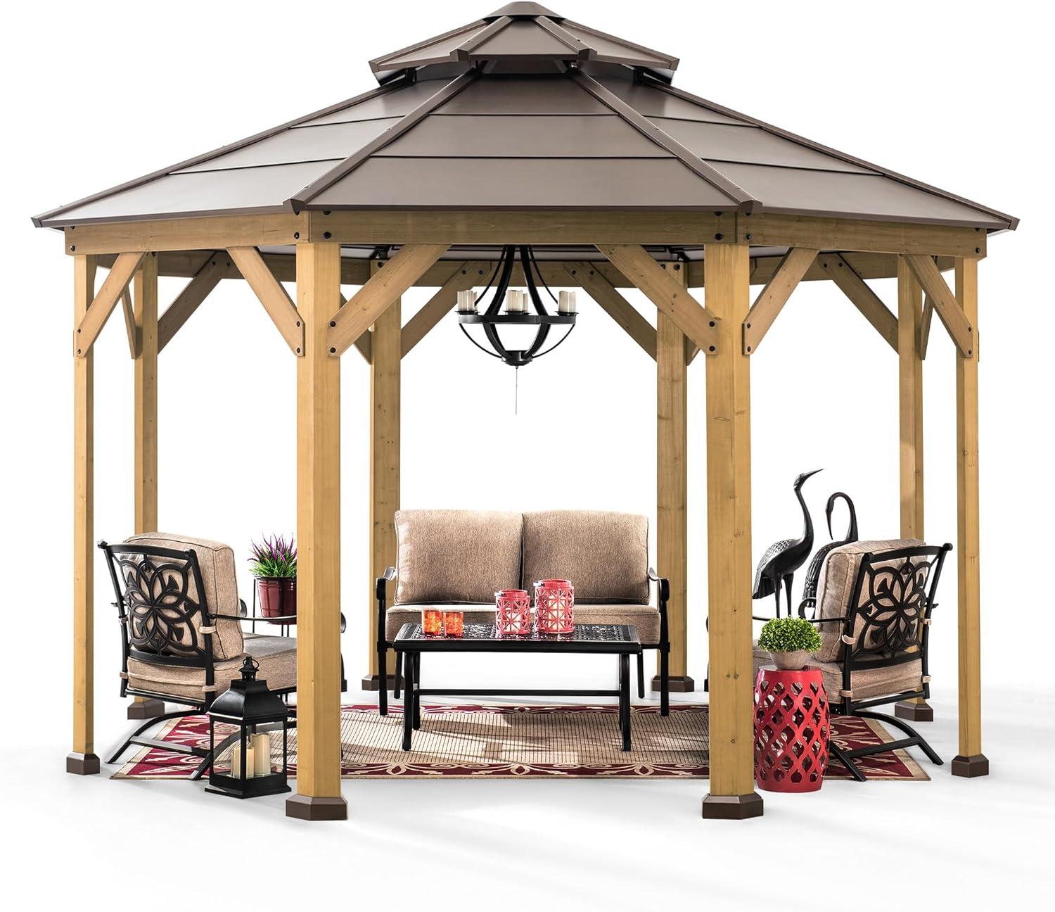 SUNJOY Ion Collection 13 x 13 ft. Cedar Framed Octagon Wood Gazebo with Brown Double Tiered Steel Hardtop Roof and Ceiling Hook for Garden, Backyard Shade