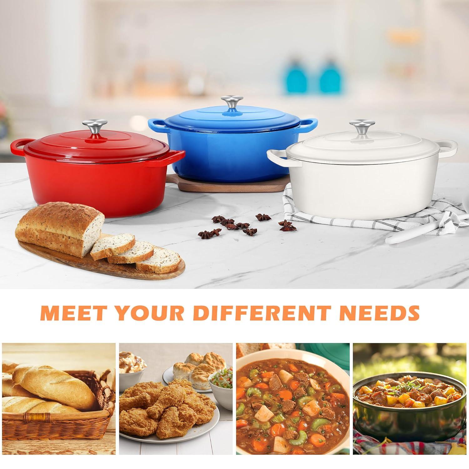 TeamFar 7QT Oval Dutch Oven, Enameled Cast Iron Dutch Oven Pot with Lid, For Bread Baking/Stewing/Braising/Frying, Suitable for Various Stoves, Non-stick & Easy Clean, Red