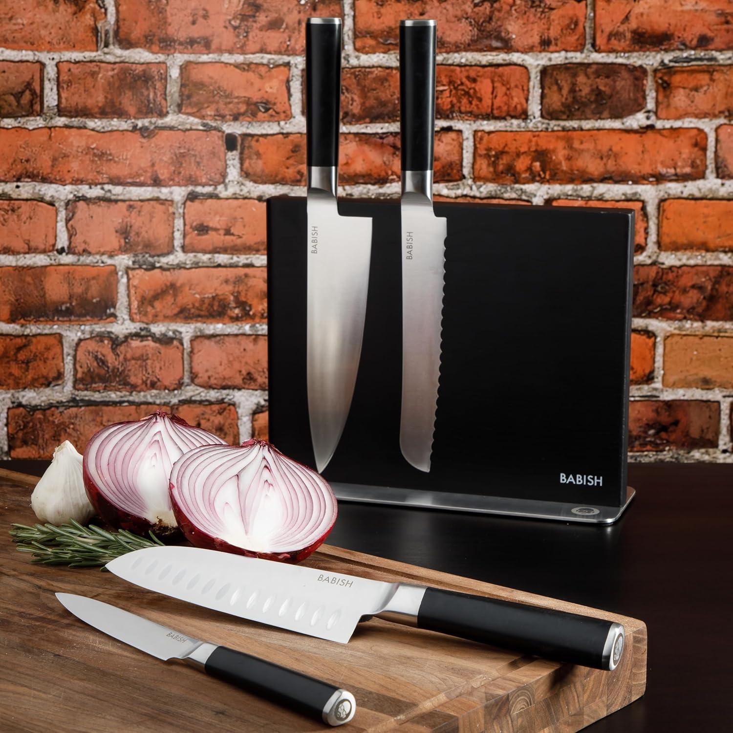 Babish Black Ashwood Magnetic Knife Block with Stainless Steel Base