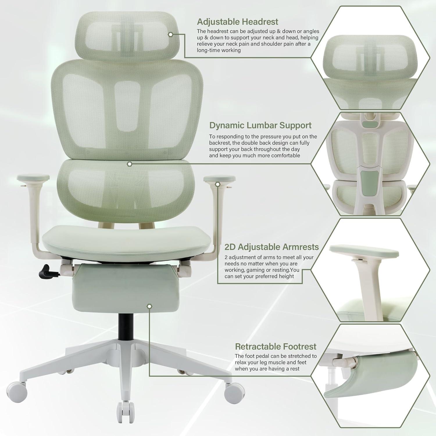 Hforesty Ergonomic Mesh Office Chair, Swivel Computer Chair with 3D Lumbar Support, High Back Desk Chair with Footrest, Headrest and 2D Armrests,300lbs, Green